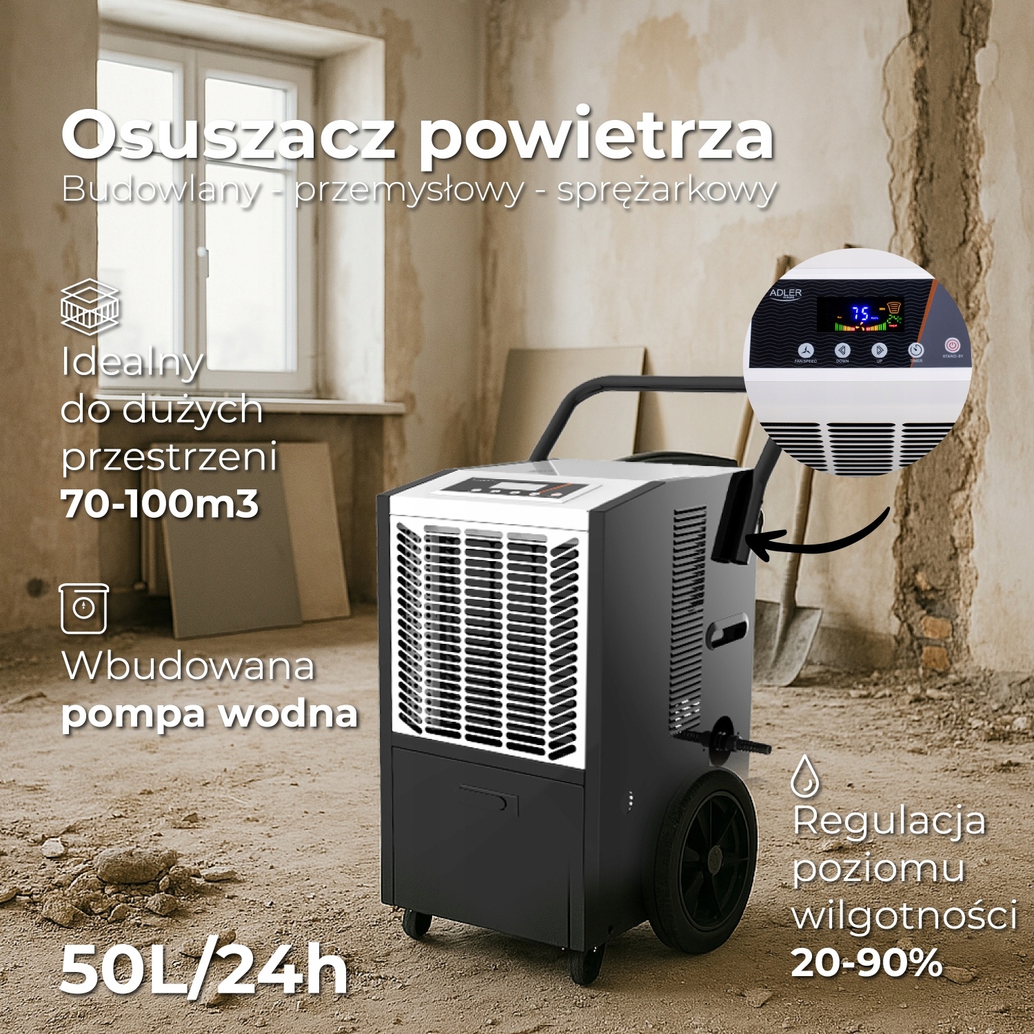 Osuszacz Powietrza Przemysłowy 50L/24h Adler AD 7864 - Budowlany
