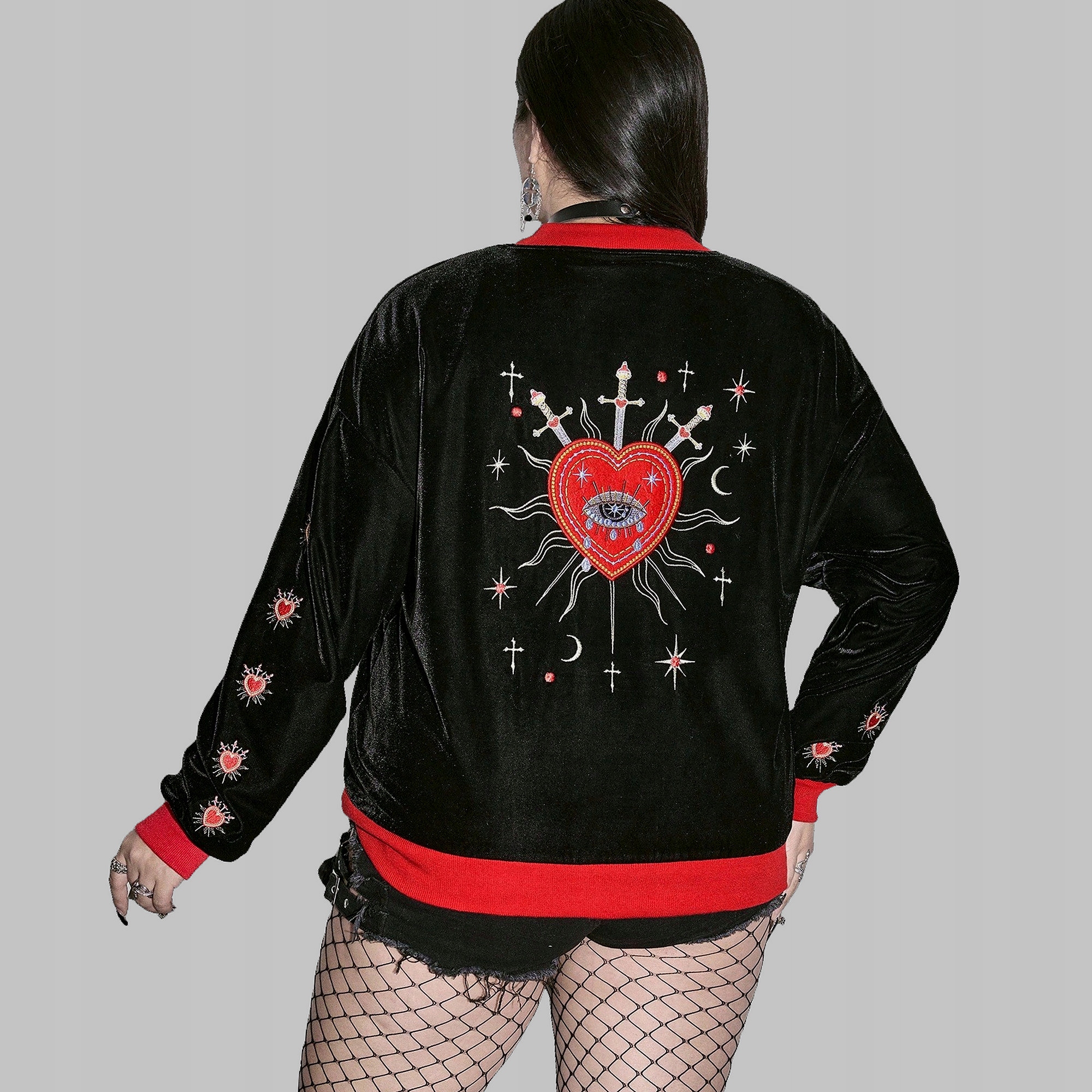 Dámská Bunda Bomber Velurová Černá Vyšívaná Gotický motiv Romwe 3XL 46
