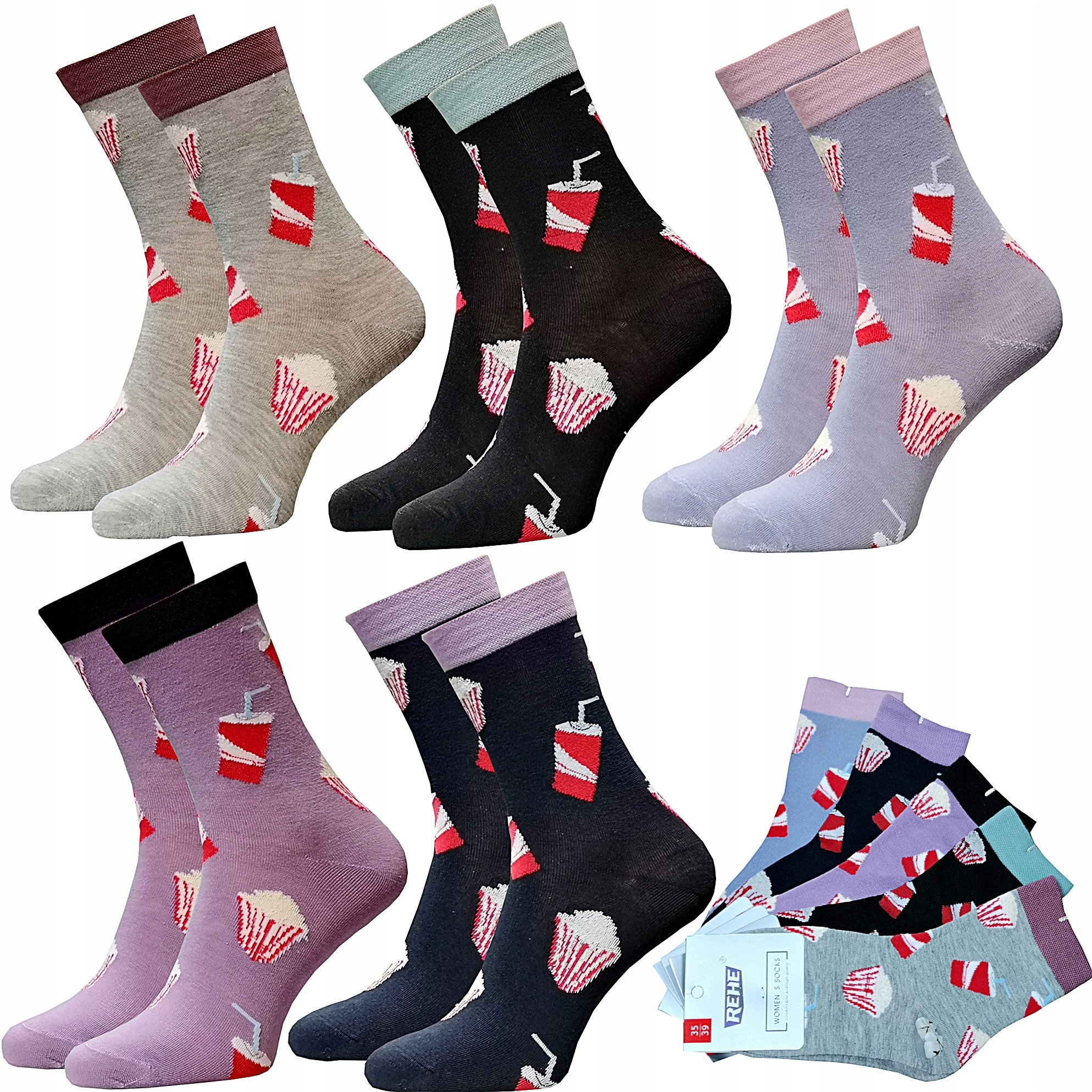 

5 x Bawełniane Kolorowe Damskie Skarpety mix 35-38