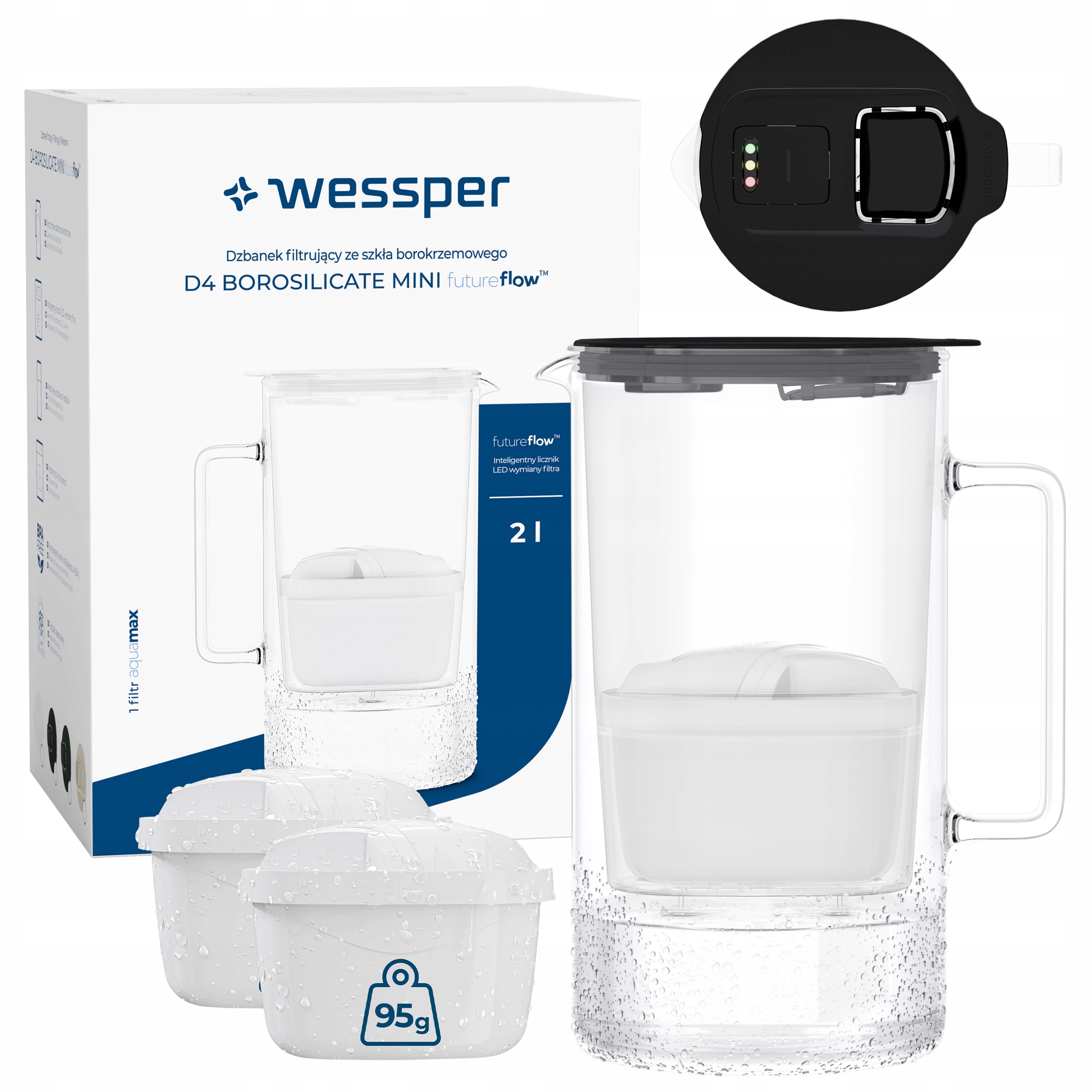 Szklany dzbanek filtrujący Wessper D4 Borosilicate Mini 3x filtr wkład