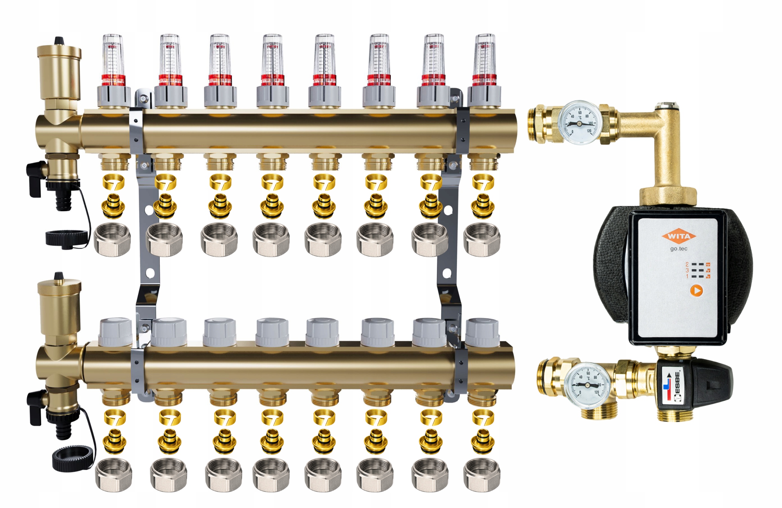 Rozdělovač pro podlahové topení 8 sekcí Spojky Pex Čerpadlo Wita