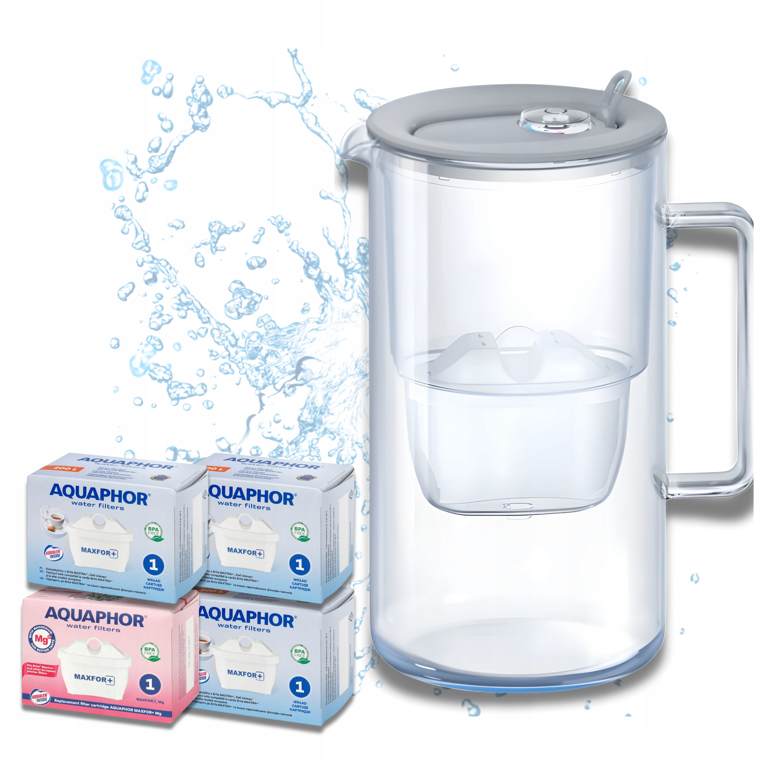 Filtrační konvice skleněná Aquaphor Glass Šedá 4 filtrační vložky Maxfor