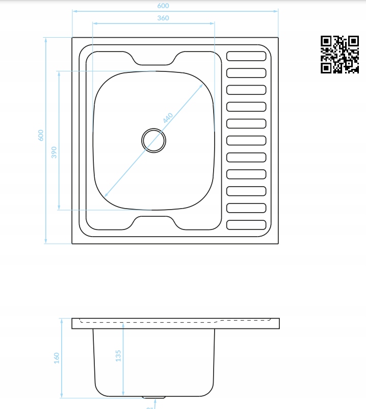 ZLEWOZMYWAK STALOWY NAKŁADANY 60x60 SOLIDNA STAL Rodzaj nakładany