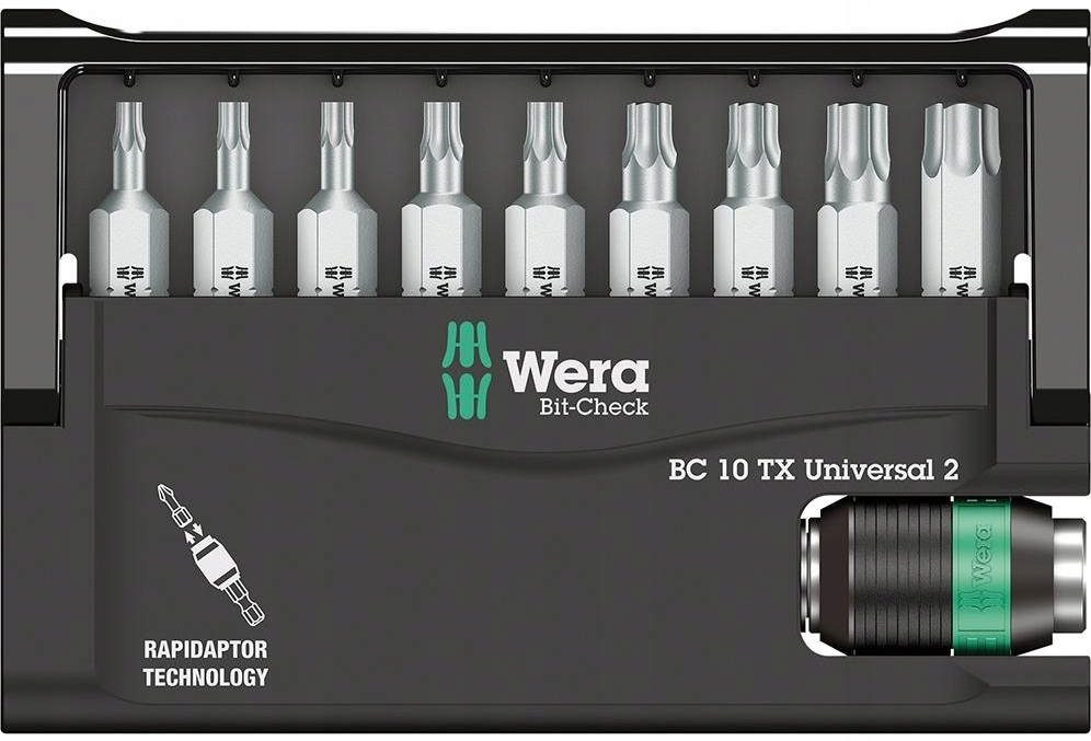 Zestaw bitów Torx z uchwytem Rapidaptor Bit-Check 10 Universal 2 Wera