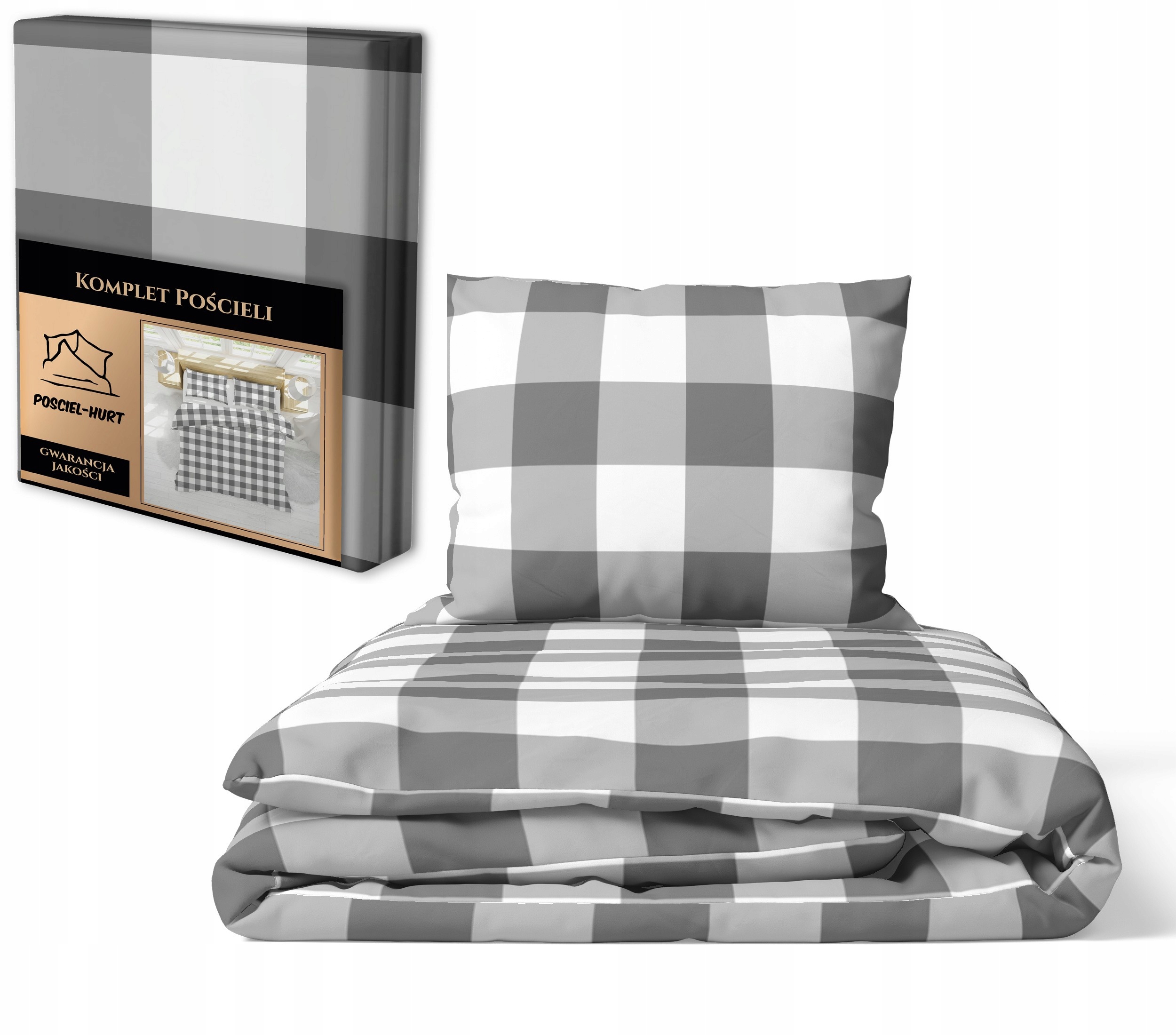 Pościel 140x200cm, 70x80cm, 140g/m2, bawełna 100% Krata szara