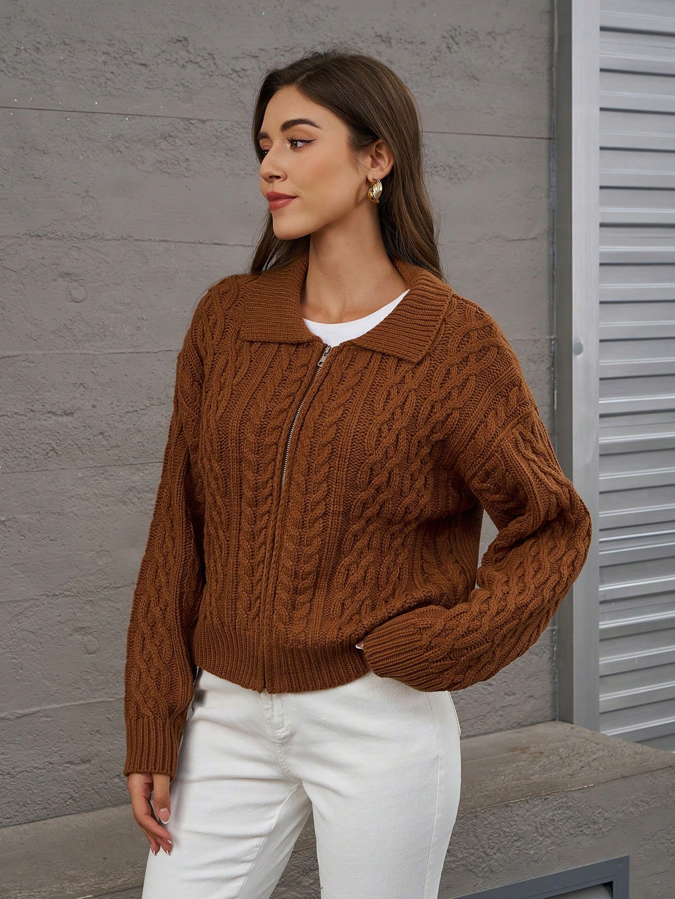 Svetr Kardigan S Límcem V Copánkové Vazbě Hnědý Shein S 36