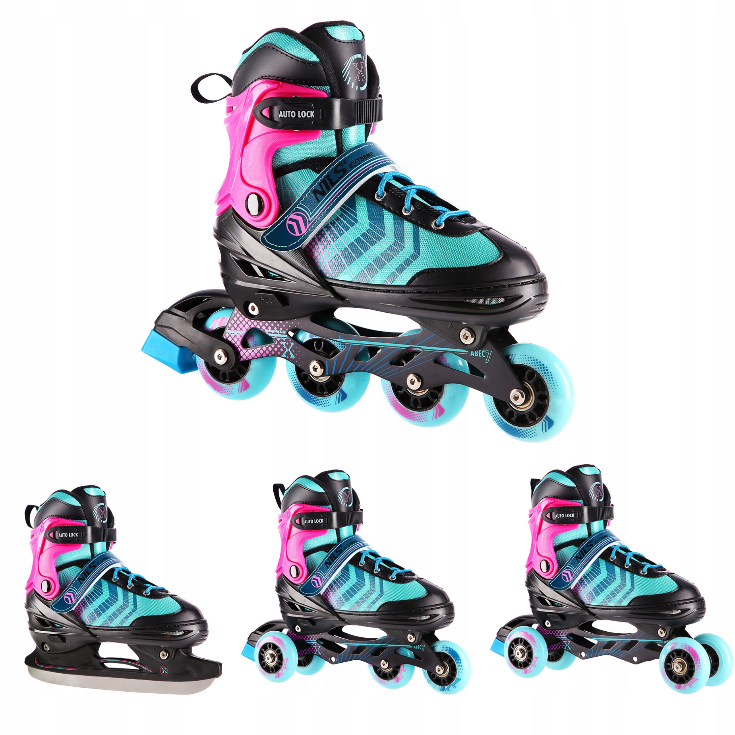 Rolki łyżwy 4w1 regulowane M 34-38 czarno fioletowe wrotki Pu Nils Extreme