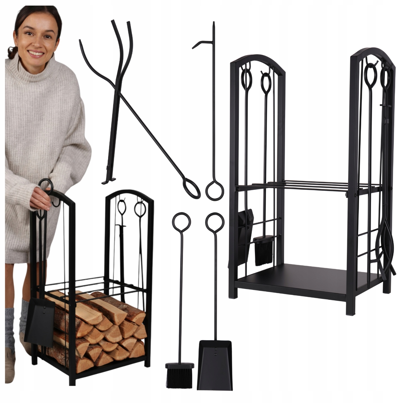 Stojan na dřevo do krbu, nářadí, krbové příslušenství, sada 5v1 ocel