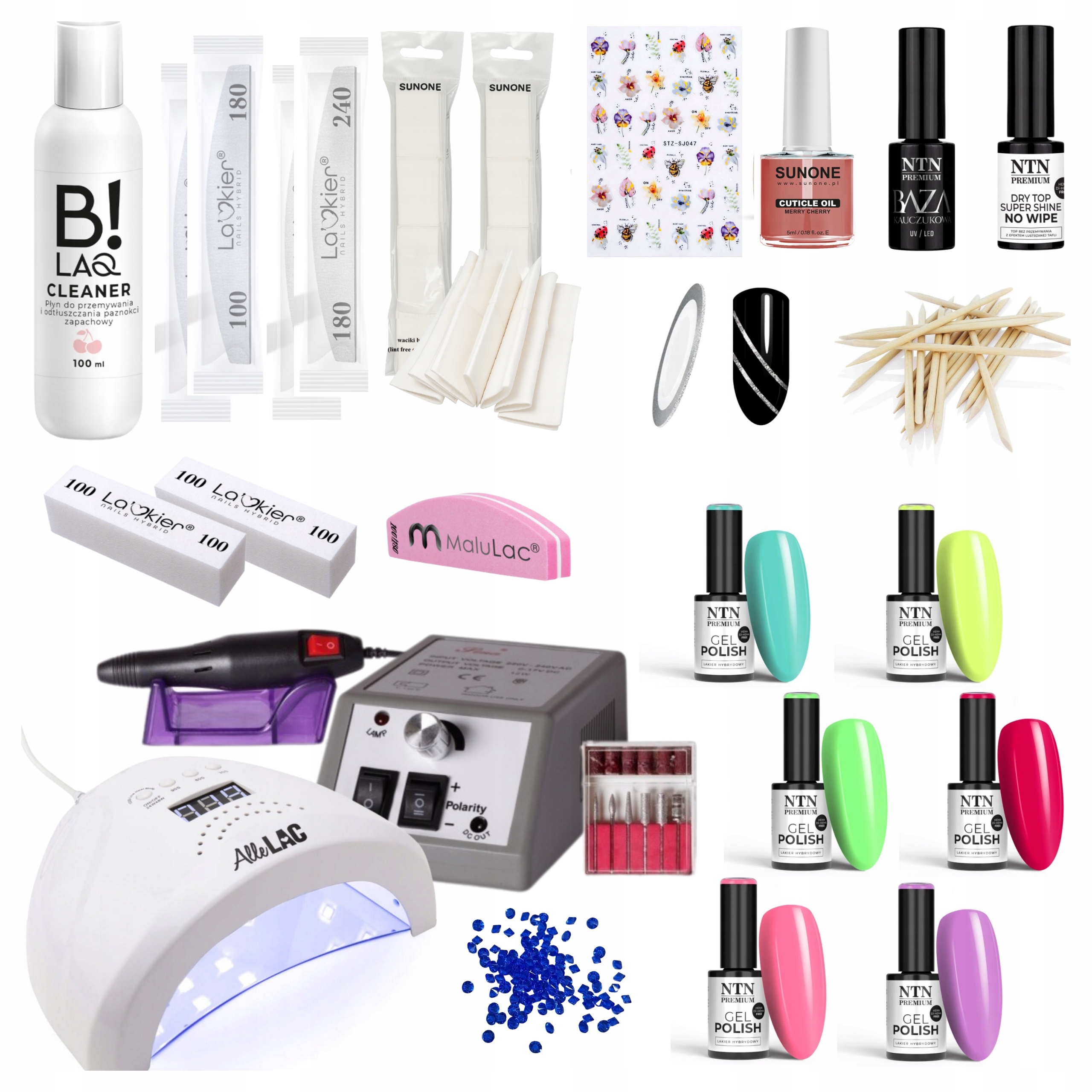 Zestaw do paznokci Ntn 6x lakier hybrydowy Lampa Frezarka Top Baza Cleaner