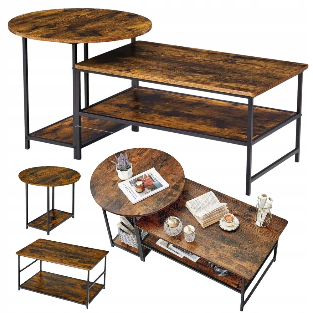 Sada konferenčních stolků 2v1 industriální loft vintage dub černý 123x60x51