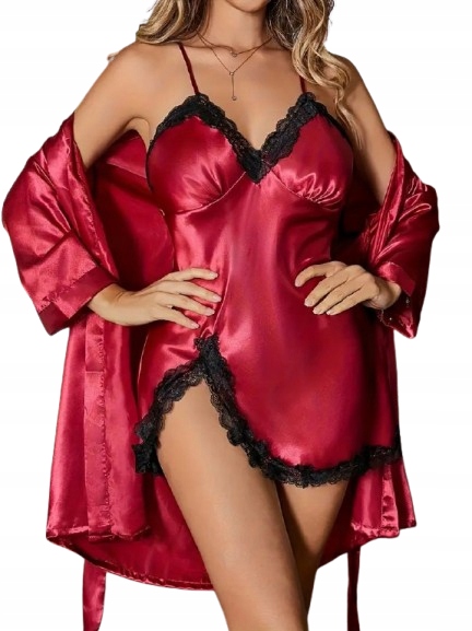 Elegantní Saténový Komplet Župan Saténová Košile, Černá Krajka