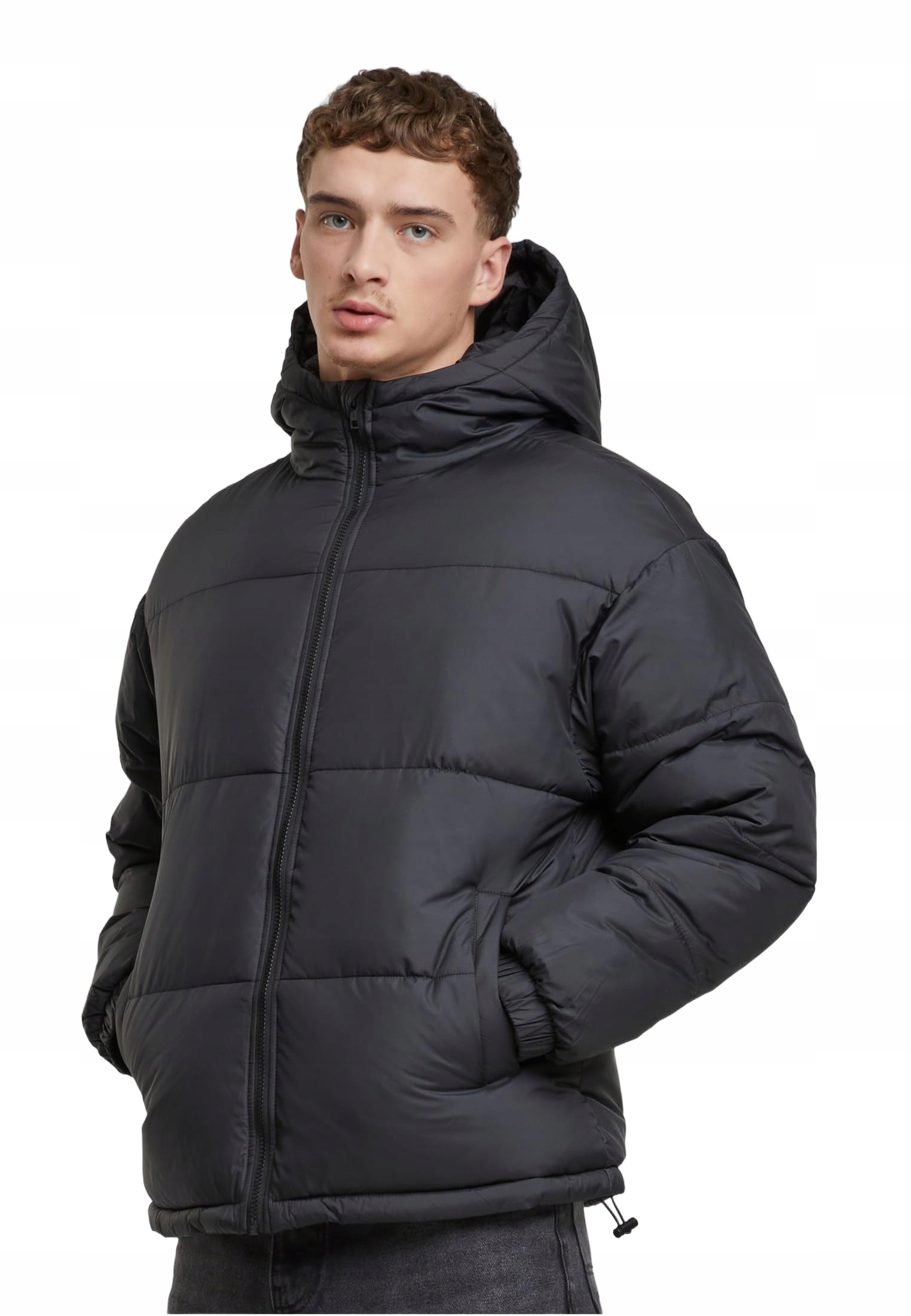 Bunda Urban Classics Basic With Hood Puffer černá s kapucí, prošívaná, 4XL