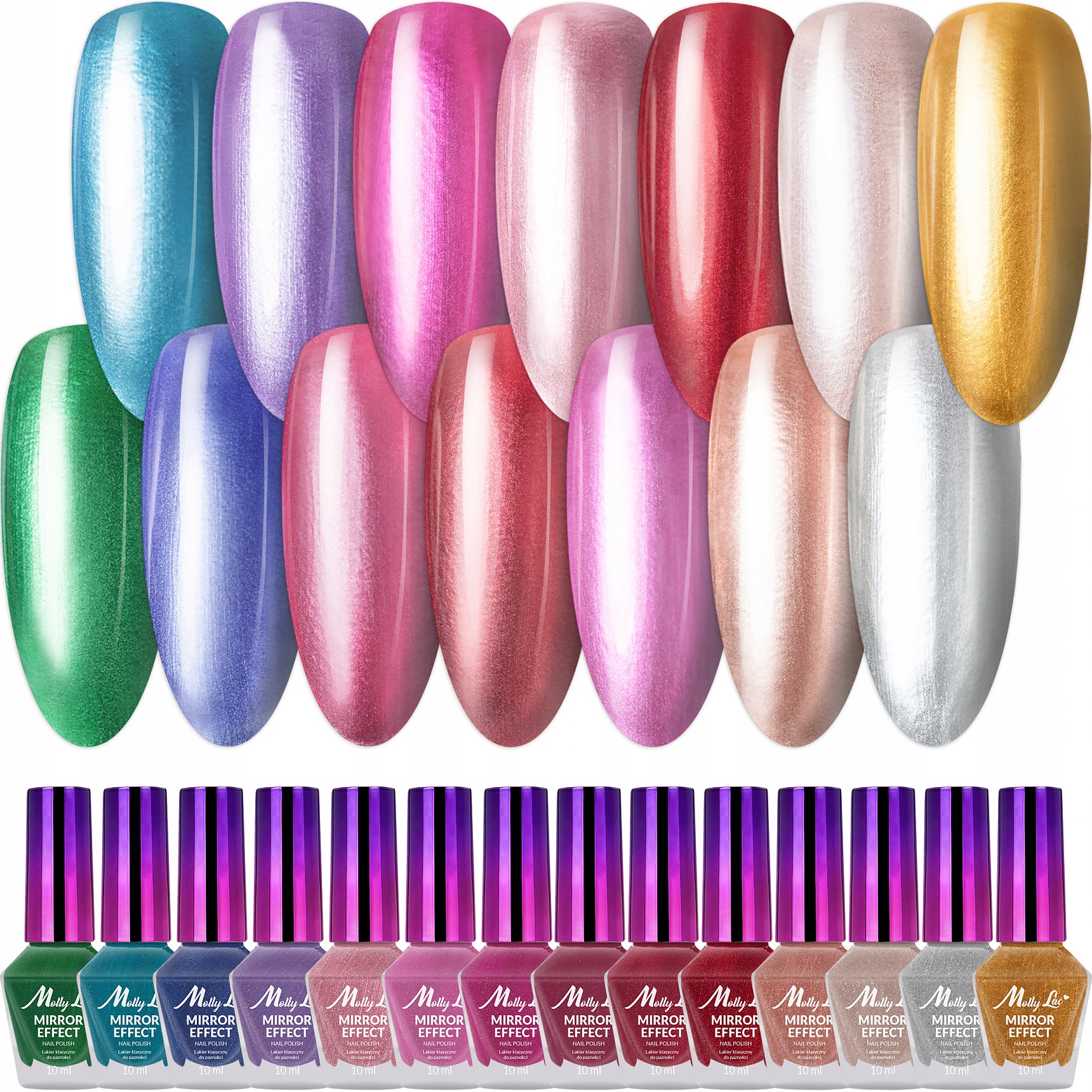 14x Klasický lak Mollylac 10g Mirror Chrome Metalický zrcadlový efekt