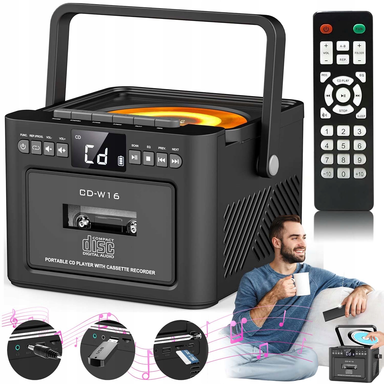 Přenosný CD Přehrávač S Reproduktorem, Bluetooth Tooth Fm, Multifunkční, 5000MAH