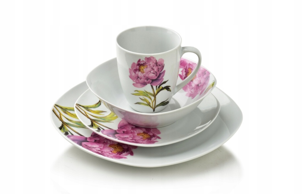 Jídelní set 16 ks čtvercový porcelánový pivoňky do myčky nádobí