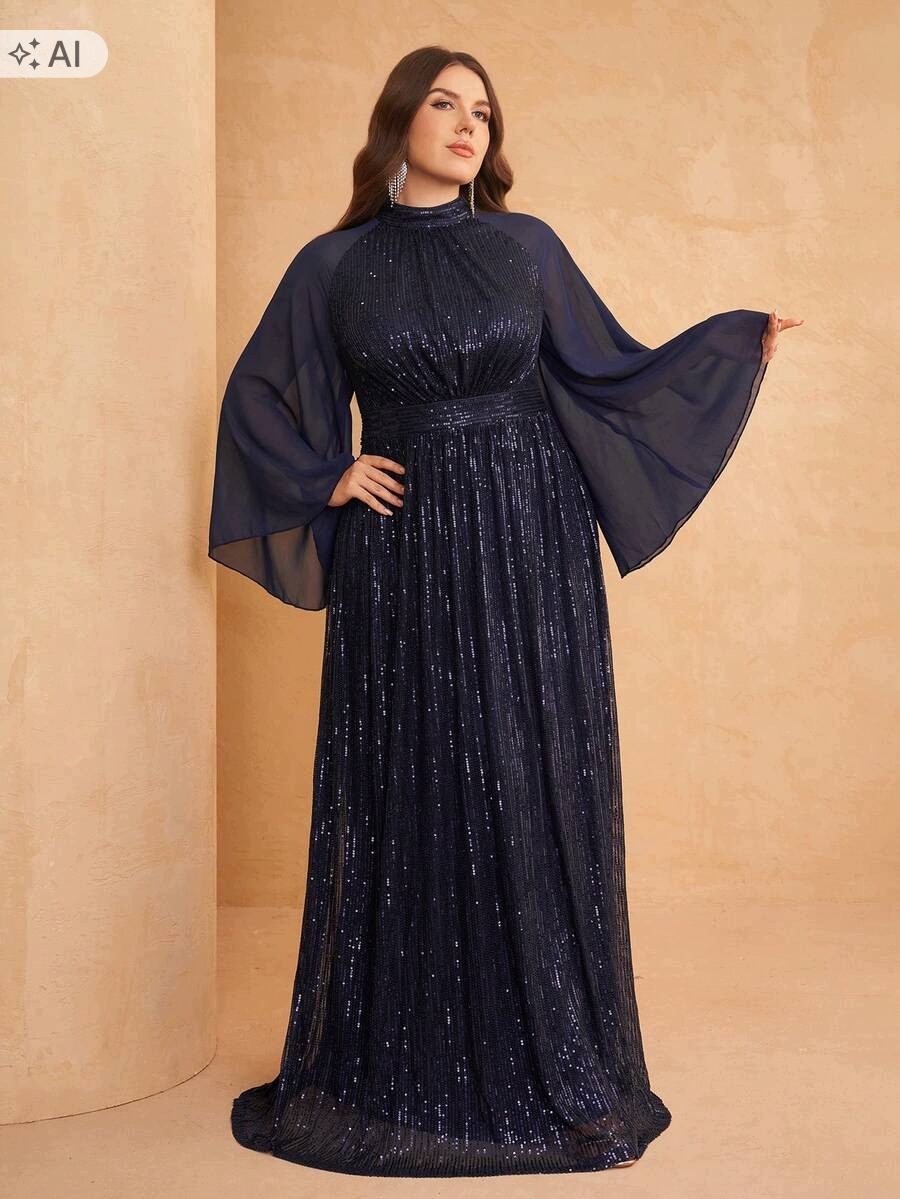 Shein Tmavě Modrá Šaty S Flitry A Šifonem 48 1L