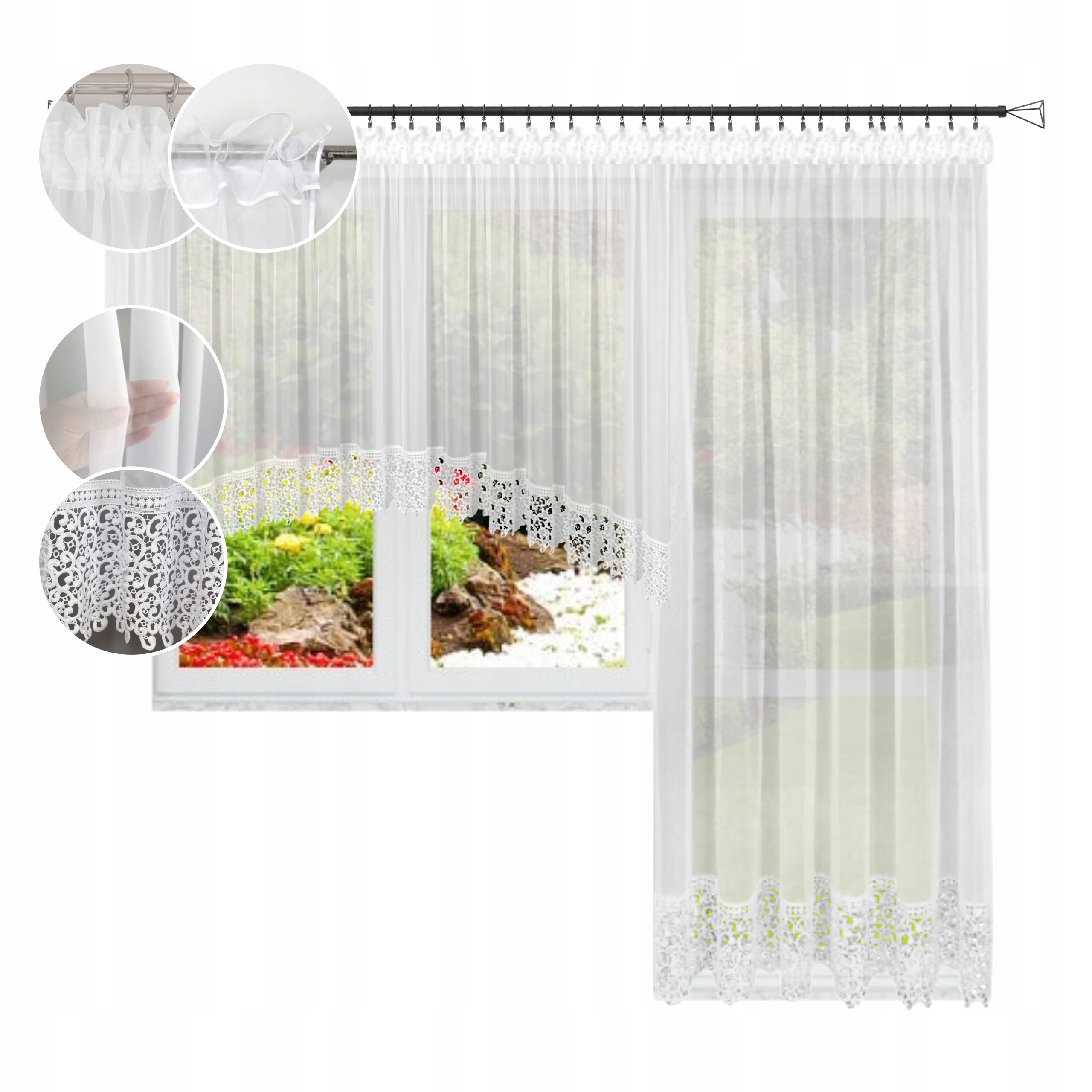 Komplet Záclony 180x400 250x200 na balkonové okno do bloku s guipurou 20 cm