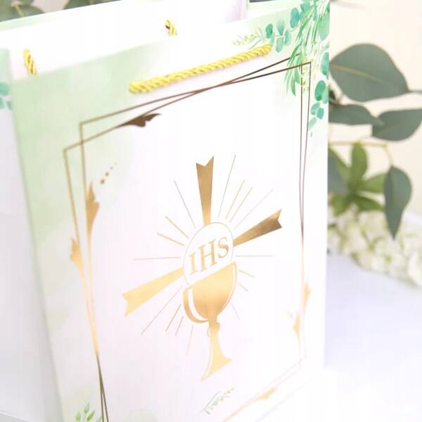 TORBA TOREBKA PREZENTOWA ZŁOTY KIELICH IHS KOMUNIA 26X32X12 CM Okazje komunia