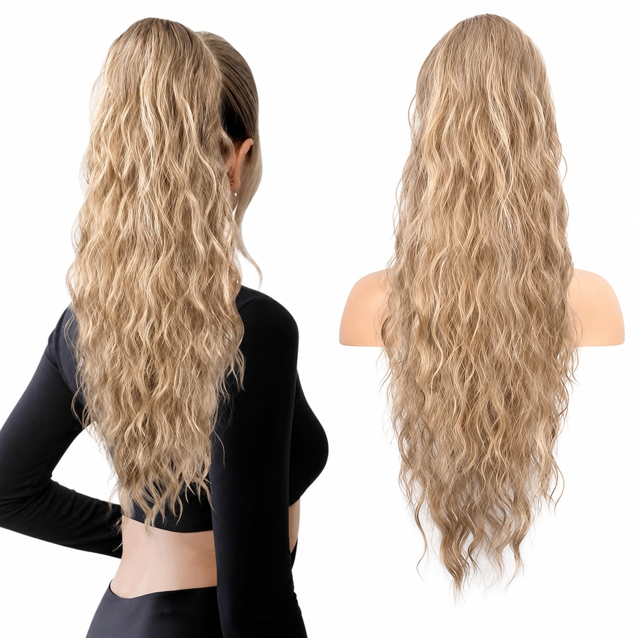 Prodlužování Vlasů Do Culíku Pro Ženy 66 CM Popelavý Blond Vlnitý