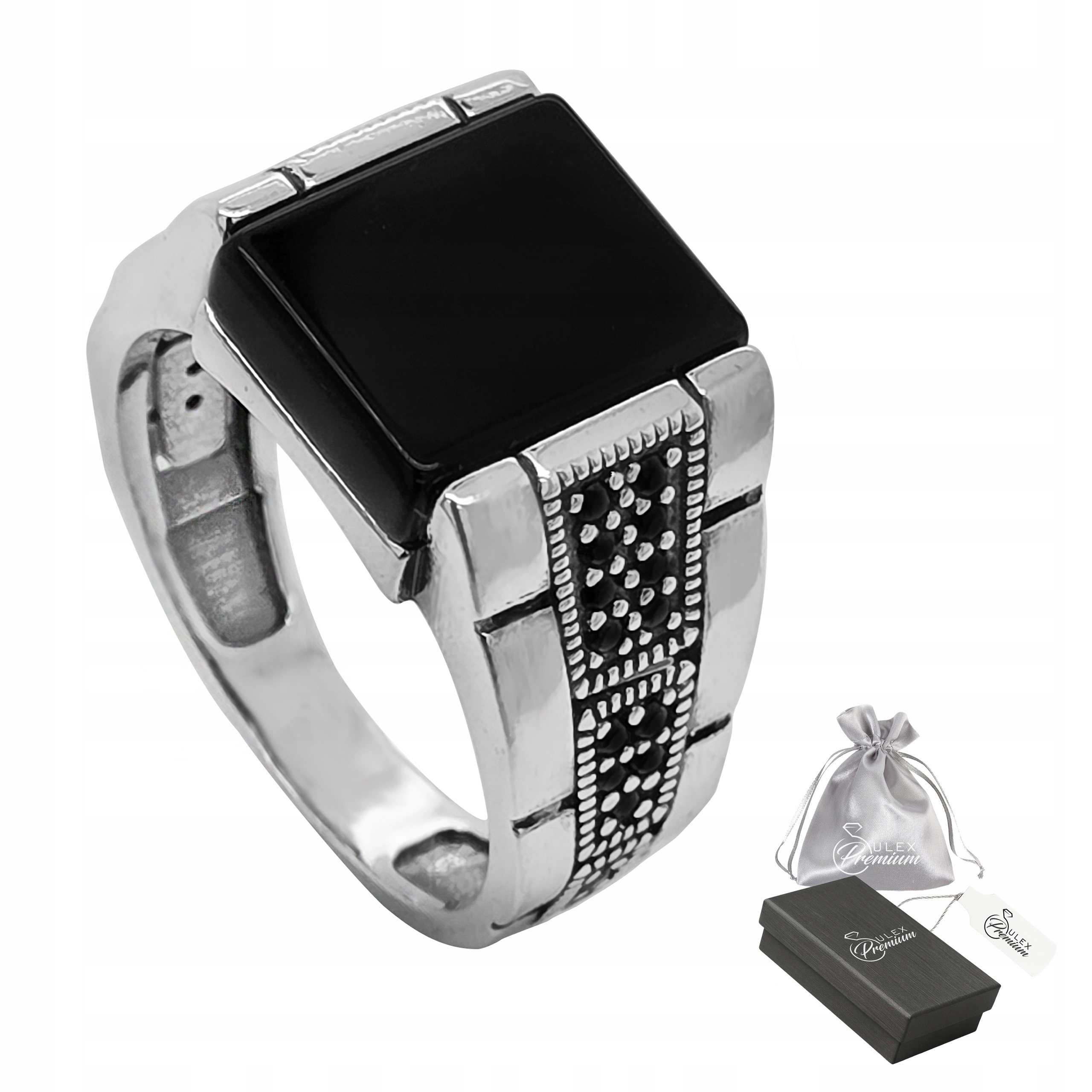 Pánský stříbrný prsten 925 Sygnet s černým onyxem a zirkony vel. 26