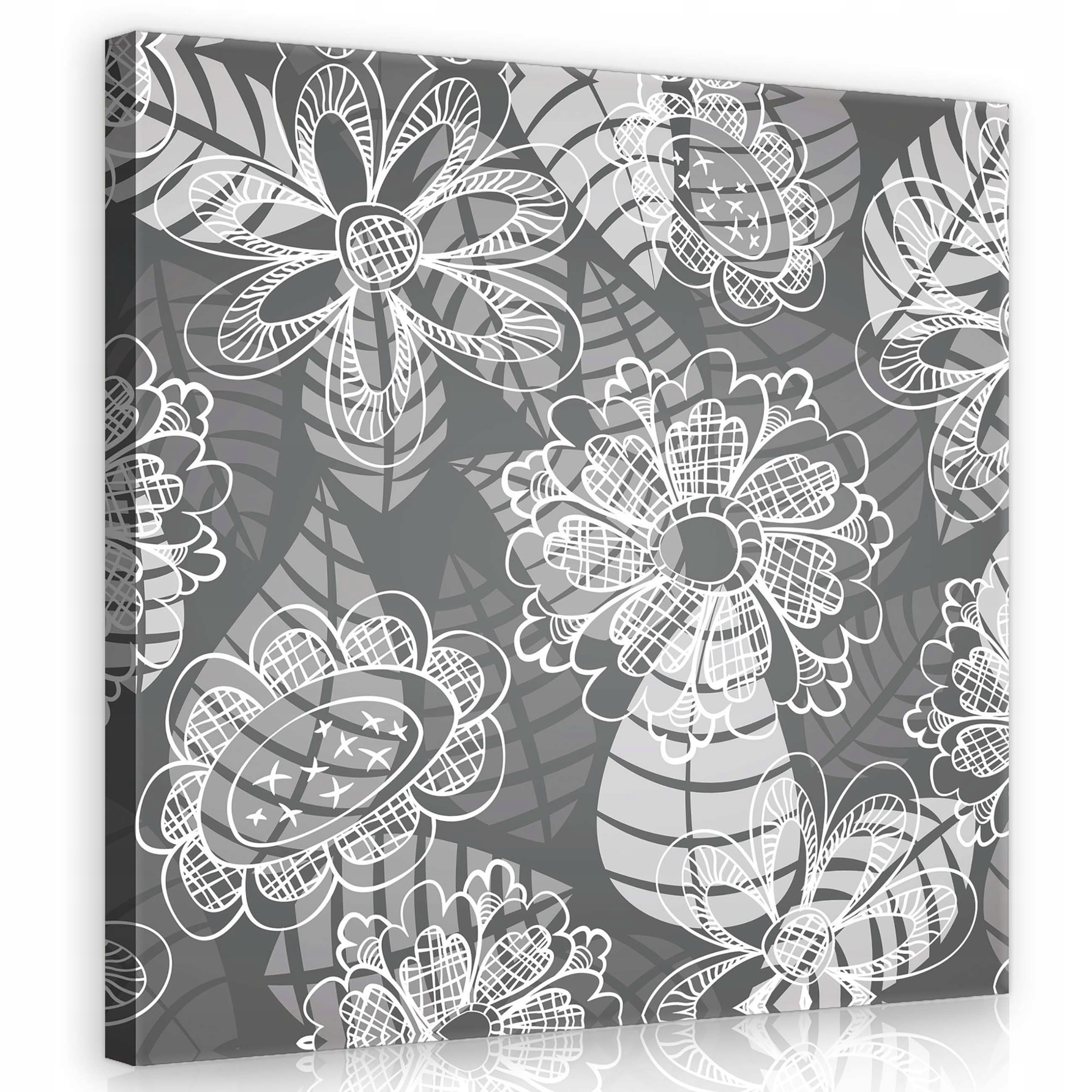Obraz 80x80 Květiny florální vzor šedá bílá dekorativní klidný