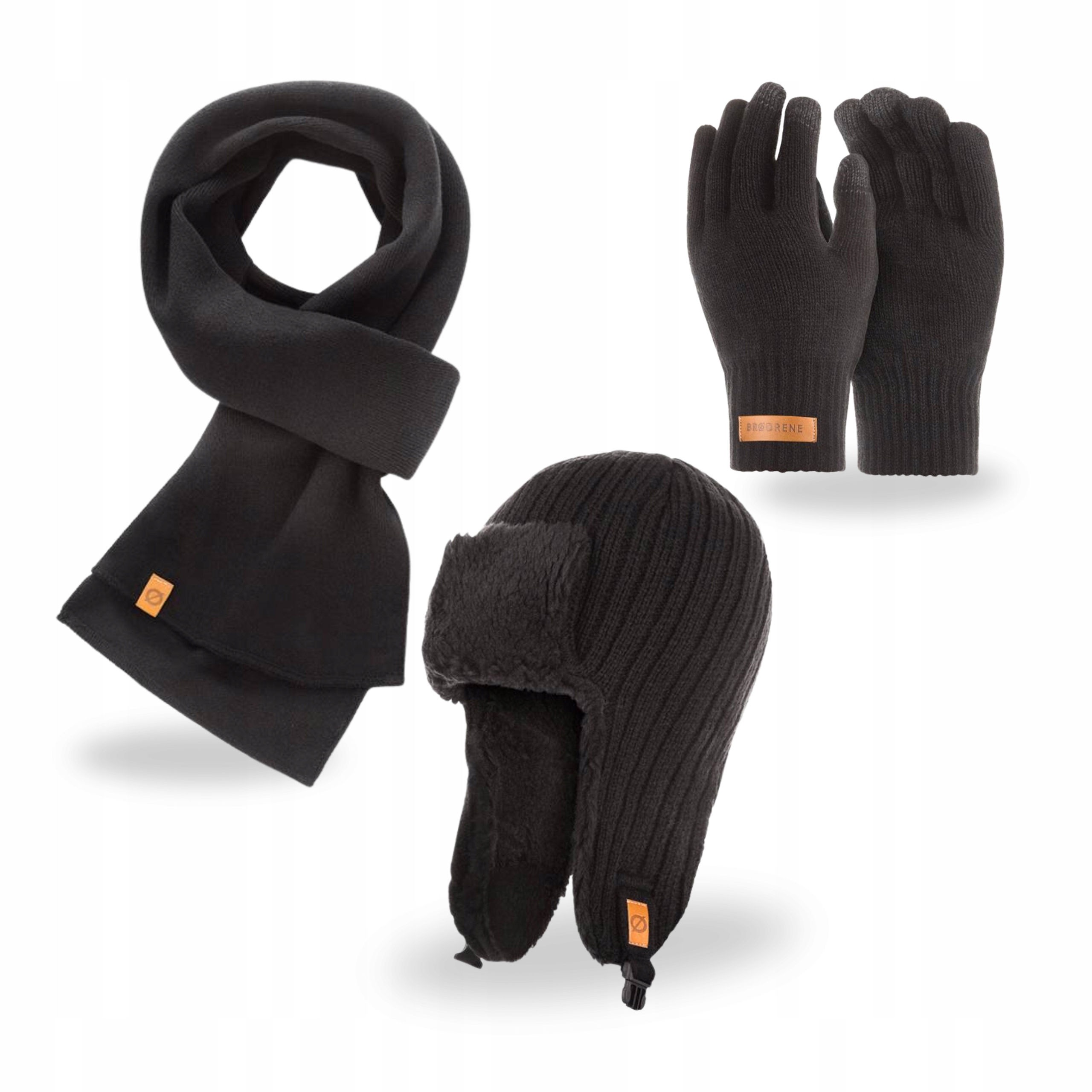 Pánský komplet Čepice Ušatka s zapínáním Šátek Rukavice Brodrene Černá