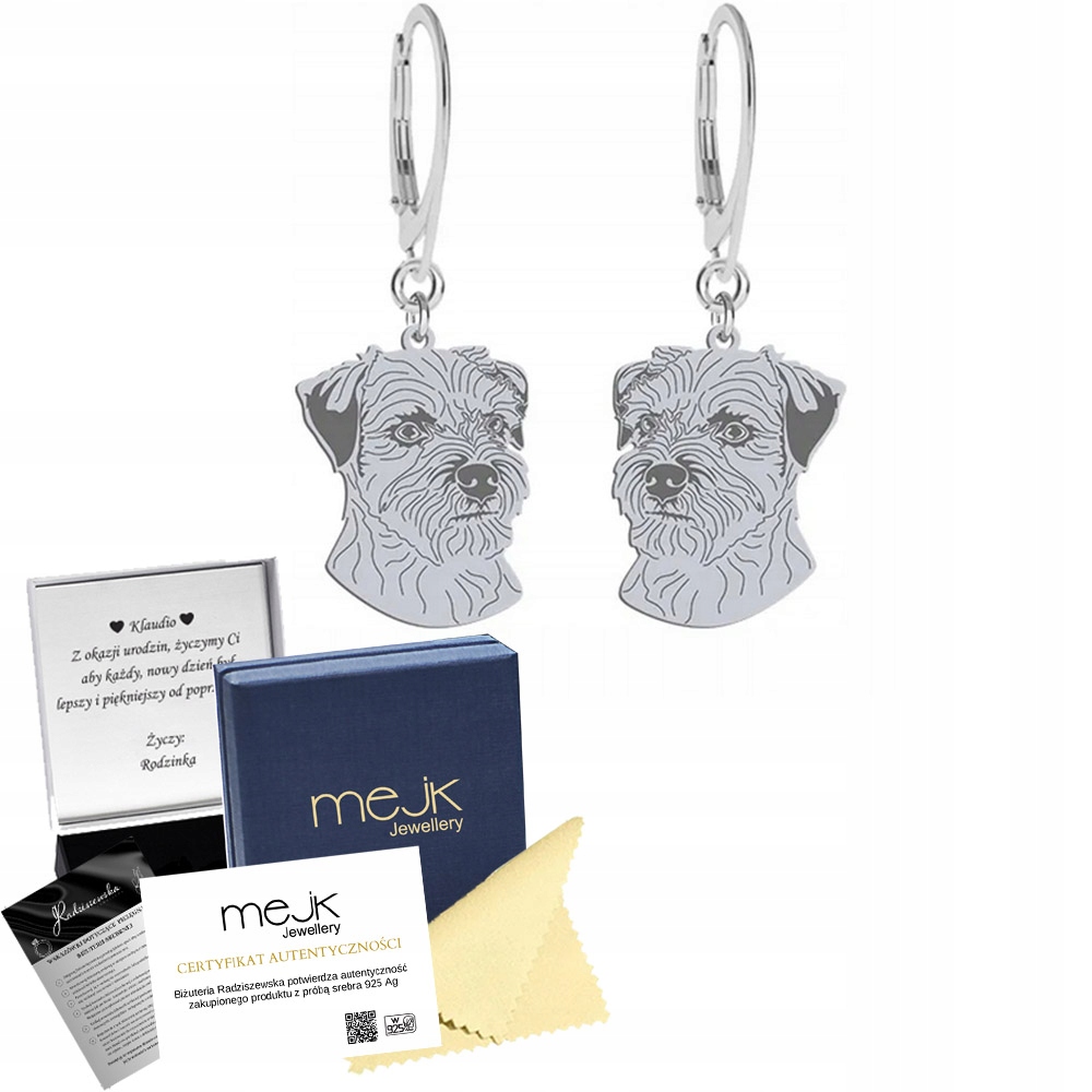 Stříbrné Náušnice se psem Border Terrier 925 Šperky Dárek Gravírování Bonus