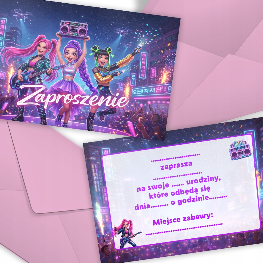 ZAPROSZENIE DEMON HUNTERS KPOP HUNTRIX ZAPROSZANIA URODZINOWE + KOPERTY