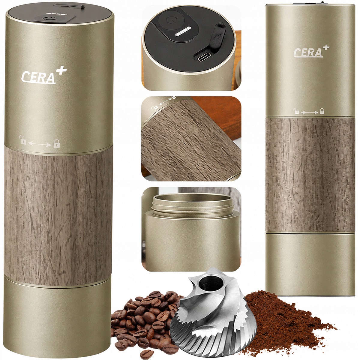 Bezprzewodowy młynek do kawy Cera+ CGE01 Usb-c 22 g żarnowy złoty