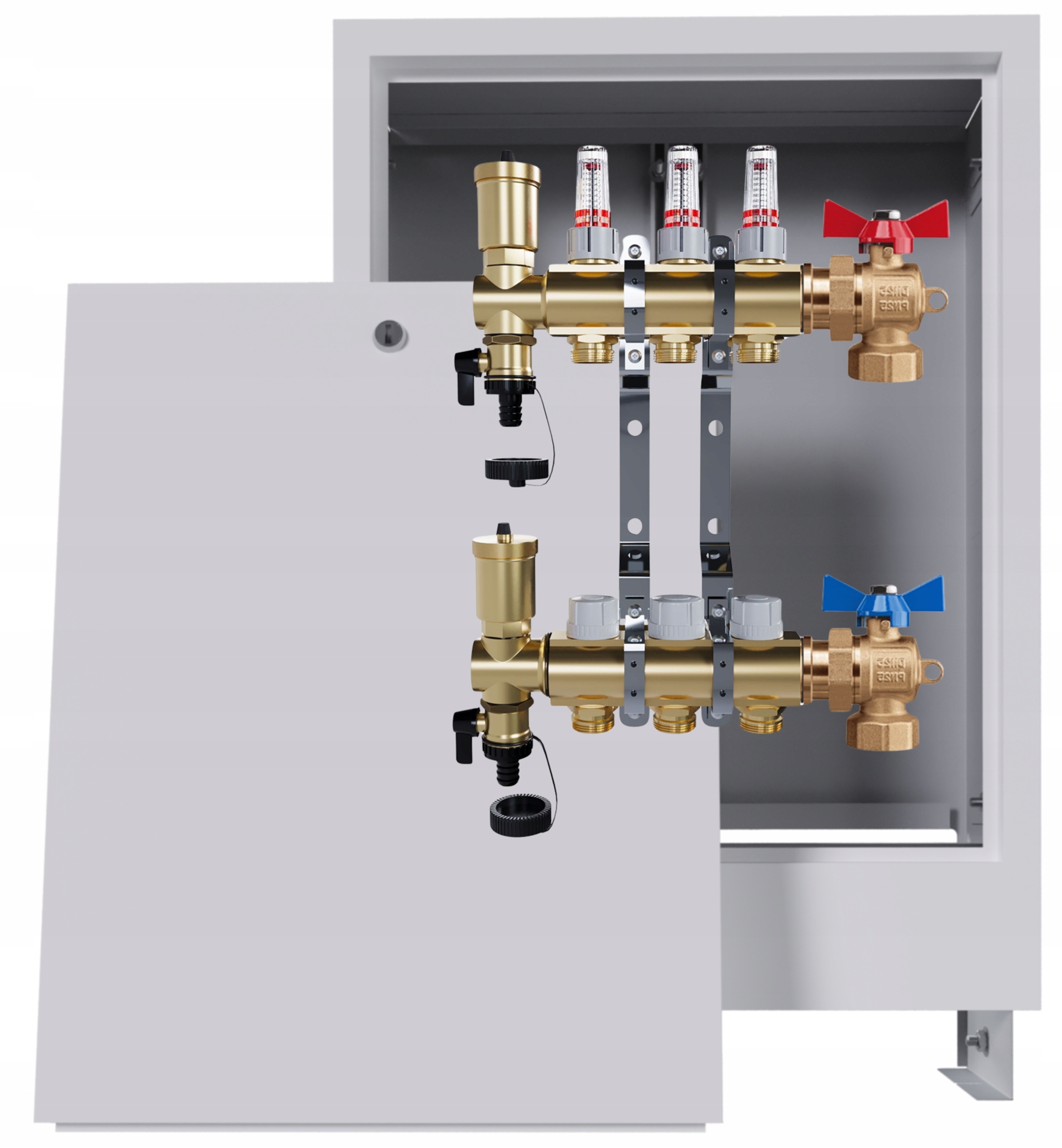 Rozdělovač podlahových krytin mosazný 3 okruhy podomítková skříňka 2 ventily