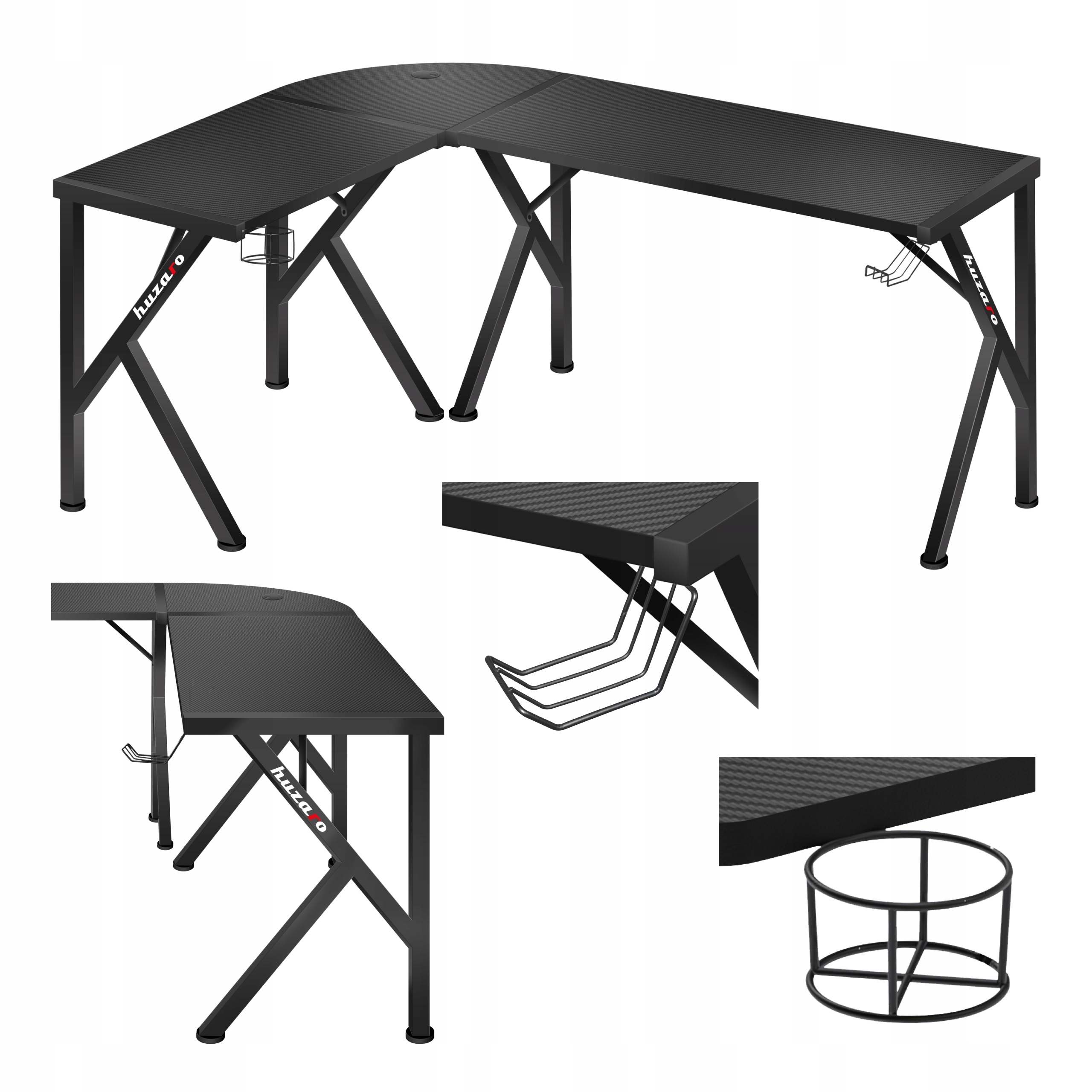 Rohový herní stůl Huzaro černý počítačový 117x154x48 cm úchytky