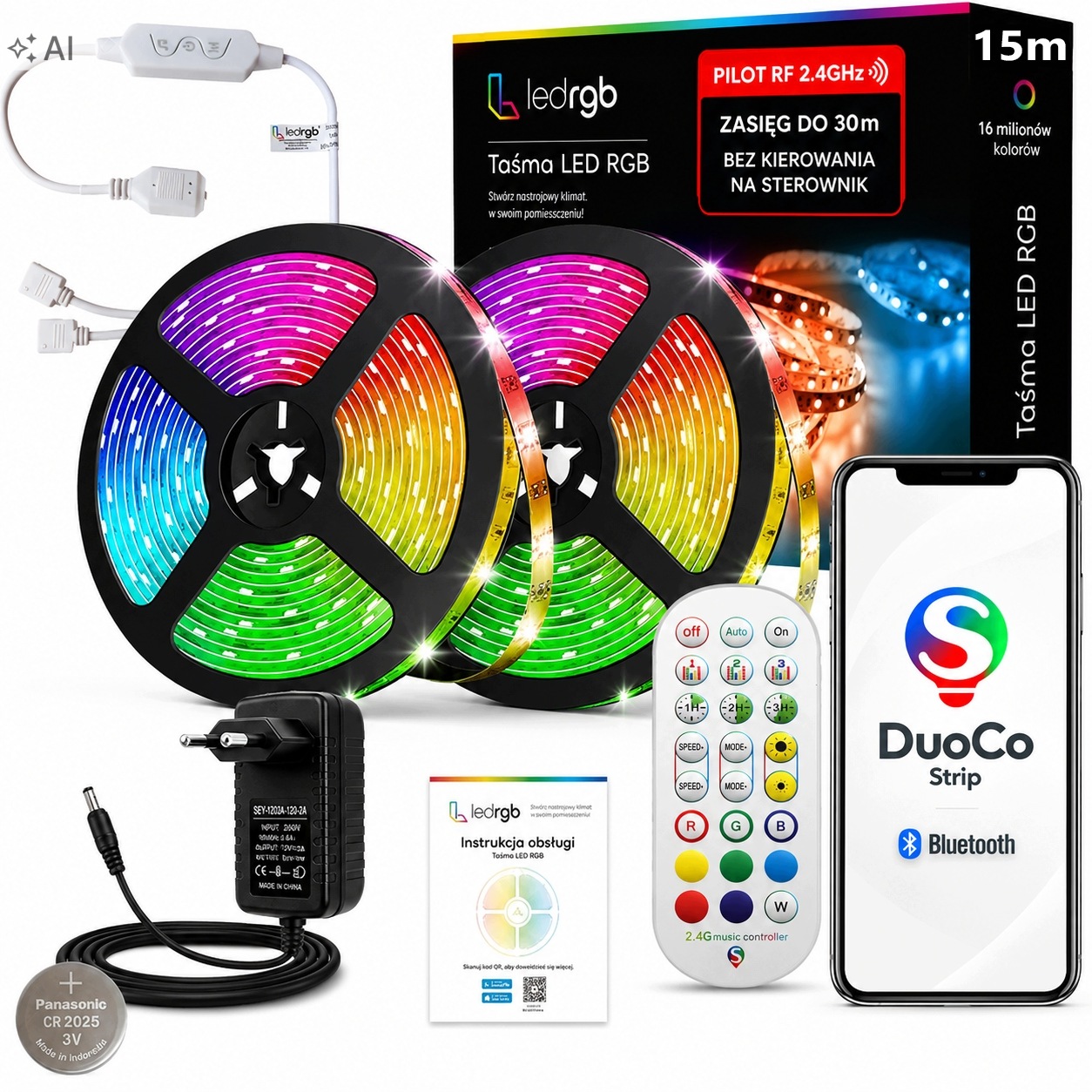 Set Led pásek 15M Rgb 5050 Aplikace Bluetooh Dálkový Ovladač Rádiový 2.4G Hudba