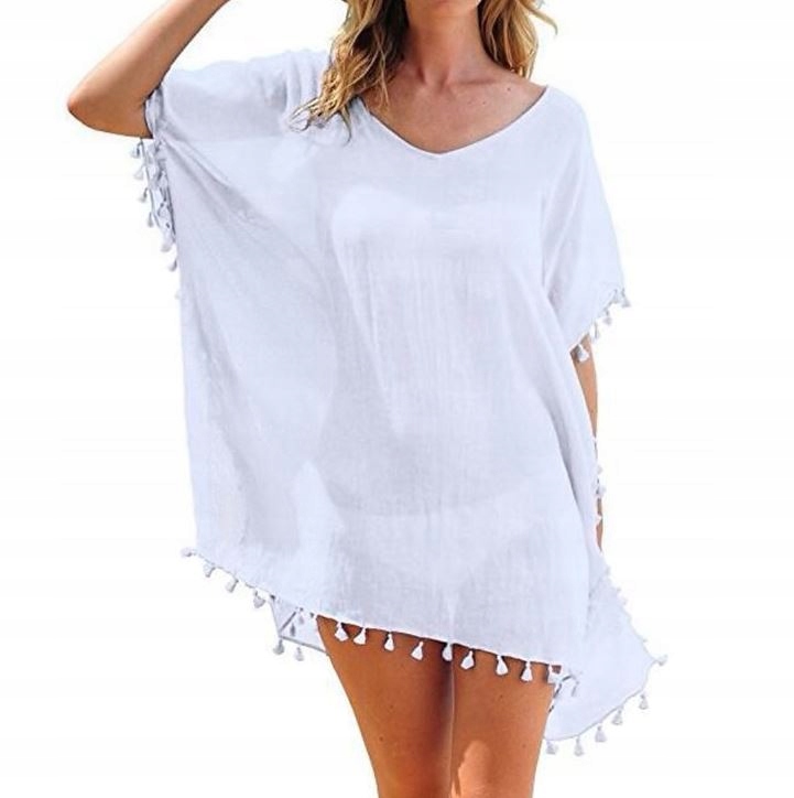 PAREO TUNIKA PLAŻOWA Z FRĘDZLAMI BIAŁA LUKIA Wzór dominujący bez wzoru