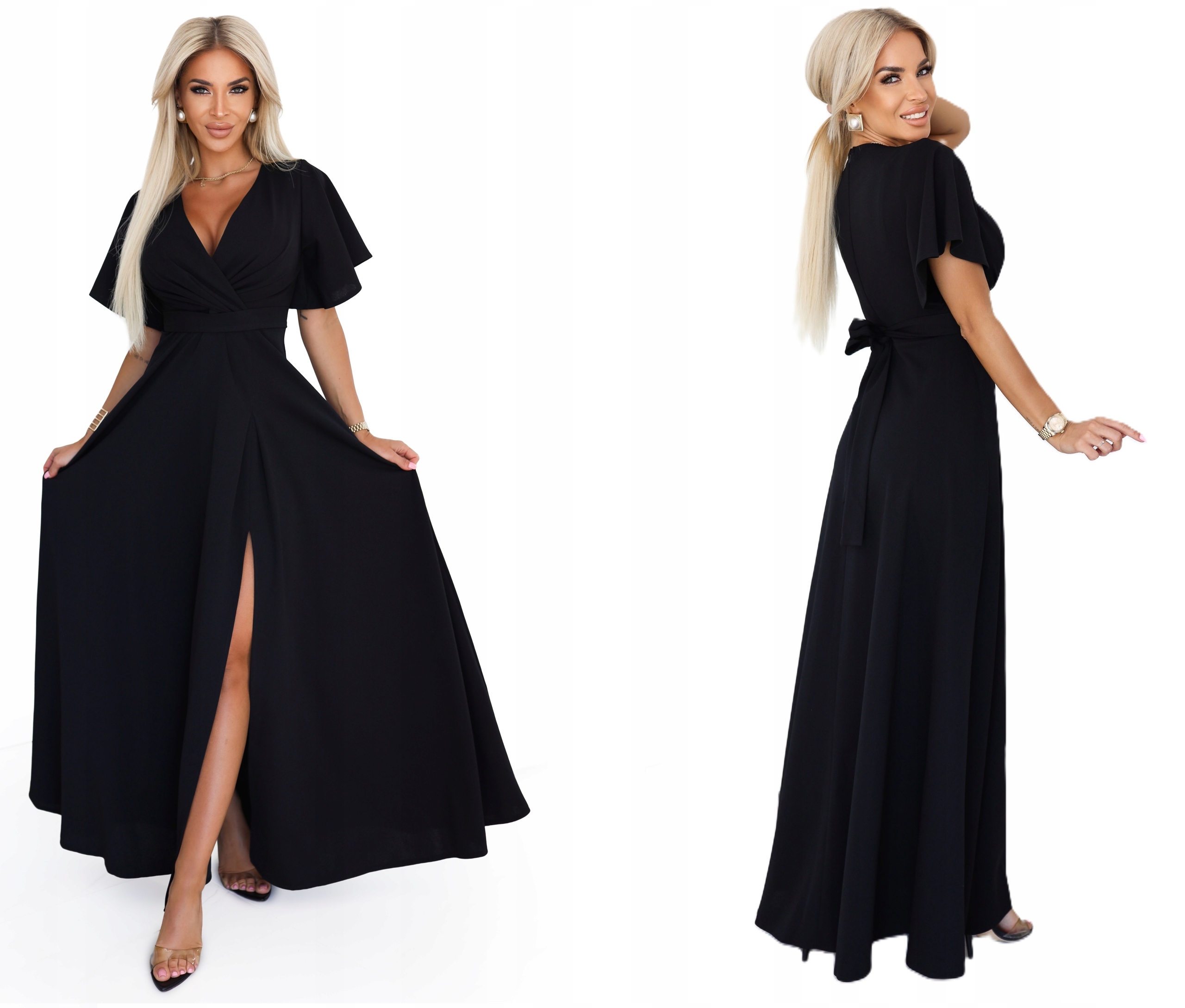 Dlouhá Sukně Na Ples S Hlubokým Výstřihem A Páskem V Pase, Černá