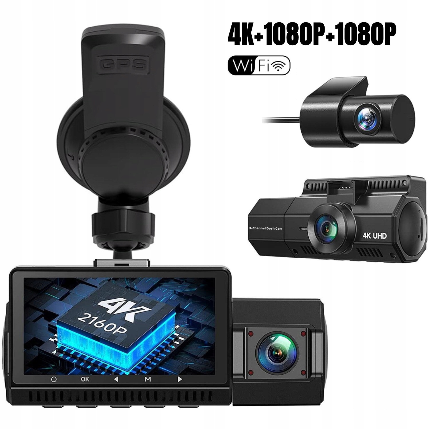 Autokamera 4K Predná zadná strana Vnútro Gps Wi-Fi Nočný režim Wdr Fixačná Prísavka