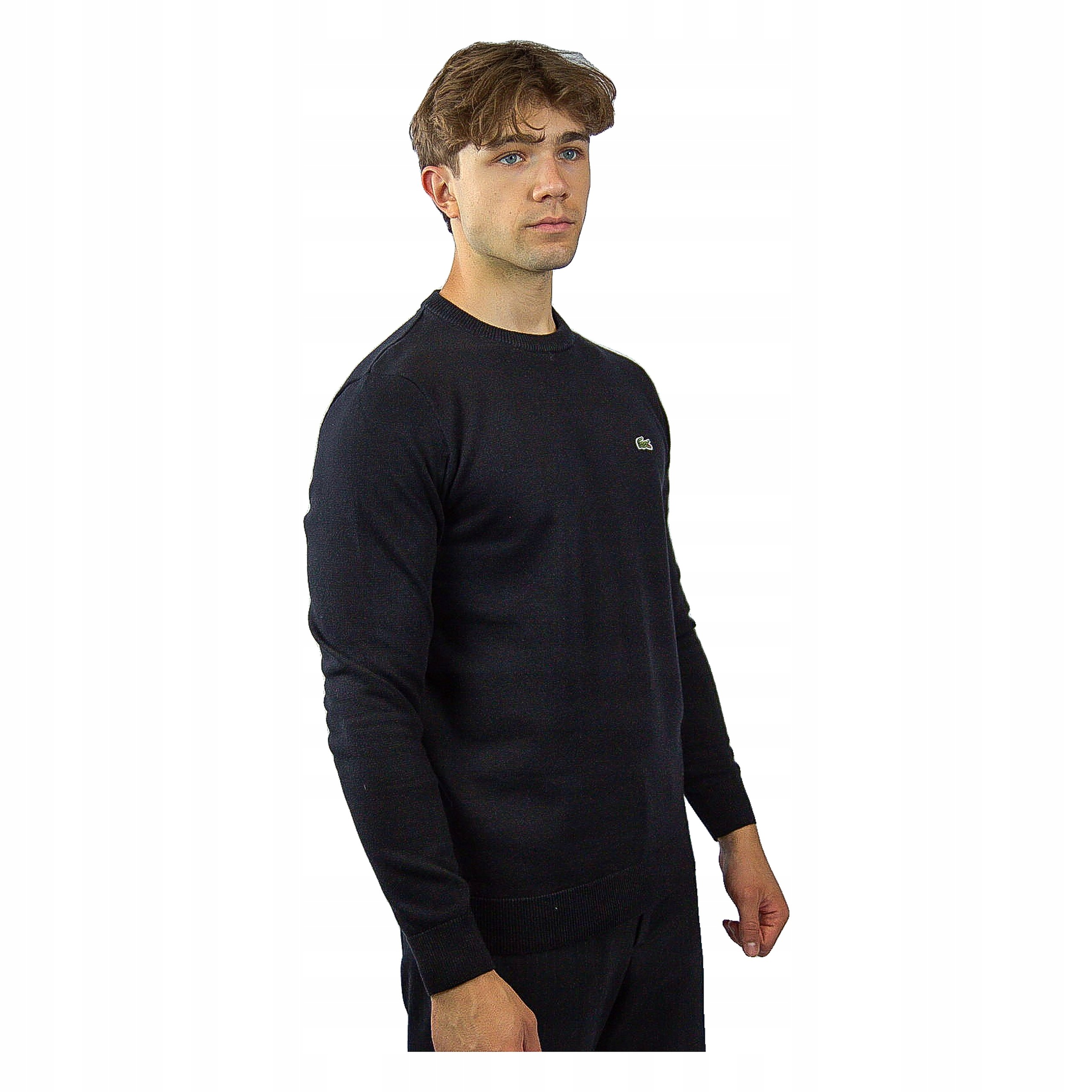 Lacoste Pánský svetr Crew Neck Cotton Sweater s logem, černý, velikost L