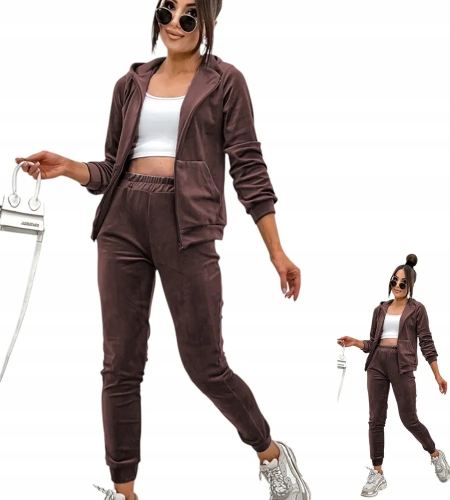 Dámský Teplákovka Velurový komplet s kapucí XL 42 Hnědá