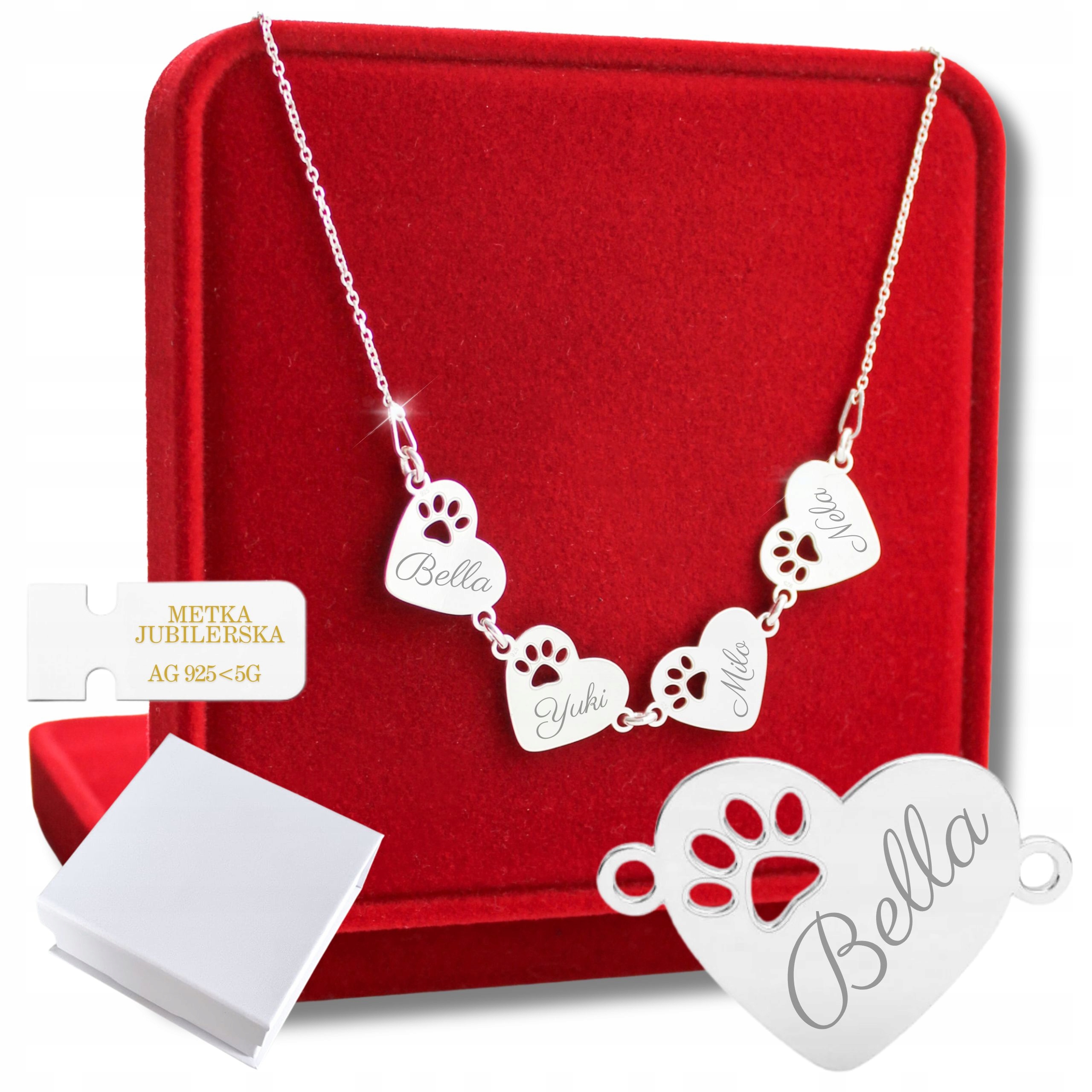 Stříbrný Náhrdelník 925 Gravírování Čtyři Srdce Tlapka Jméno Psa Kočky jako Dárek