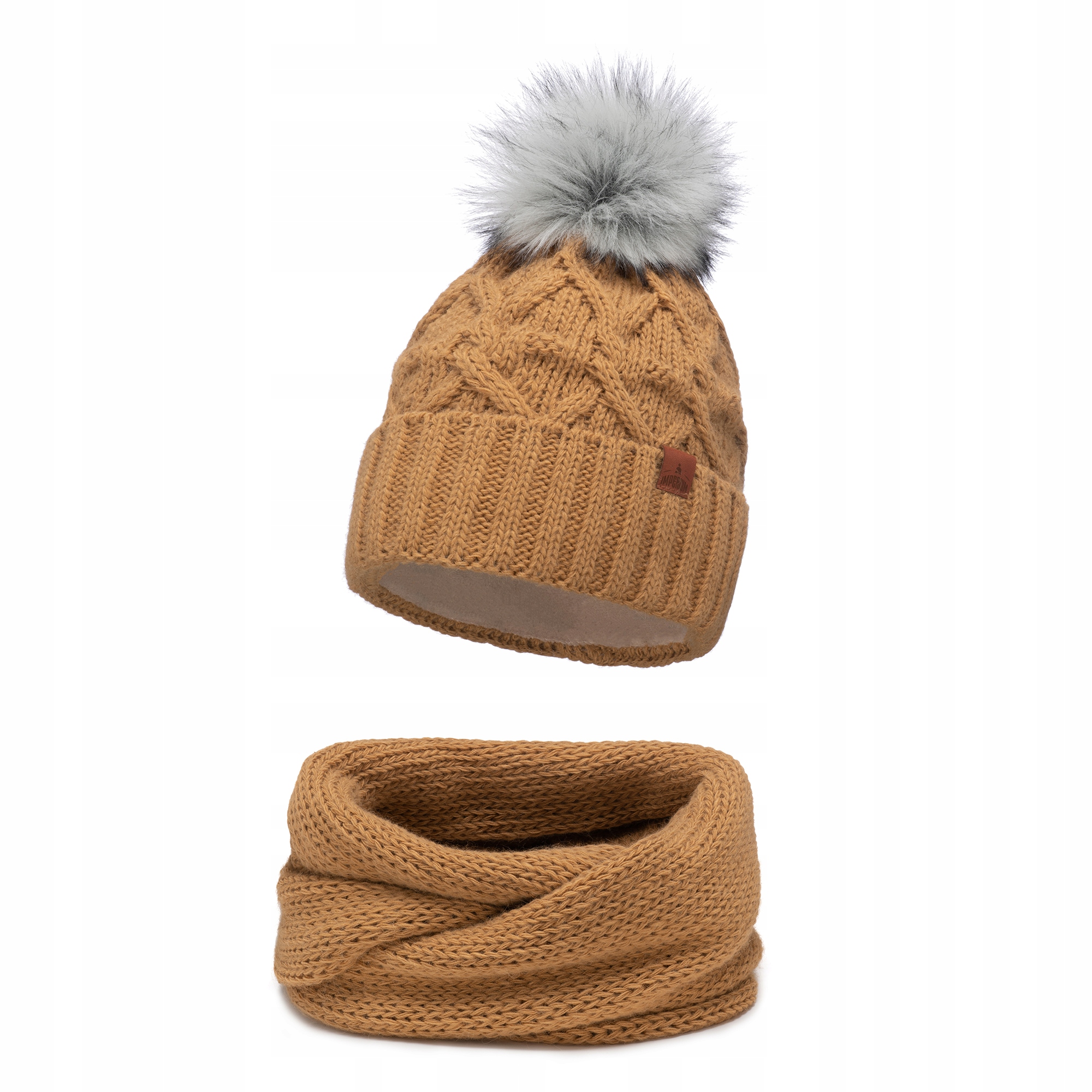 

Czapka zimowa damska z pomponem + komin Karmel
