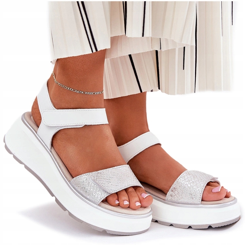 Dámské Kožené Sandály Na Suchý Zip Platforma S.barski LR51-543 Stříbrné 41