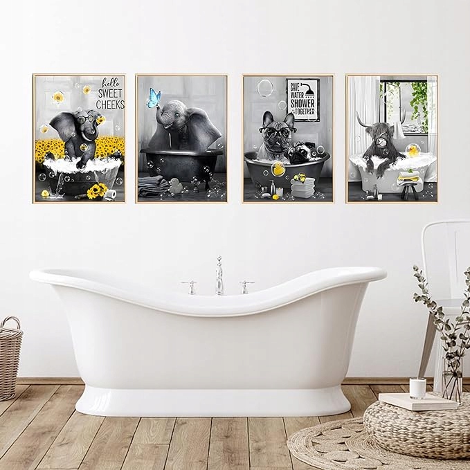 DW1OBR7 Zvíře ve vaně Obrazy na plátně, černobílé 40x60 cm. 4 ks