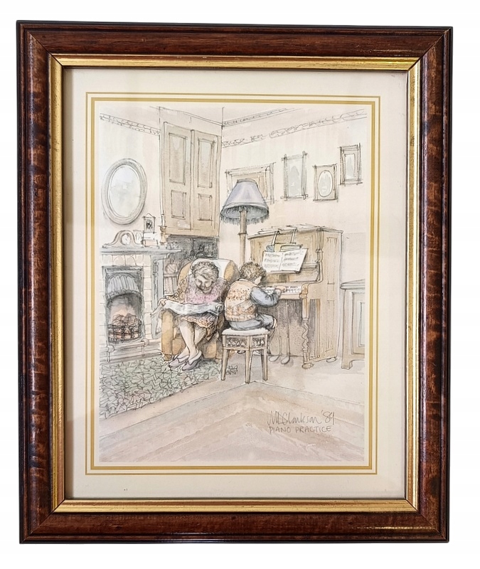 Stylowy Obraz Akwarela Drewniana Rama Gra na Pianinie