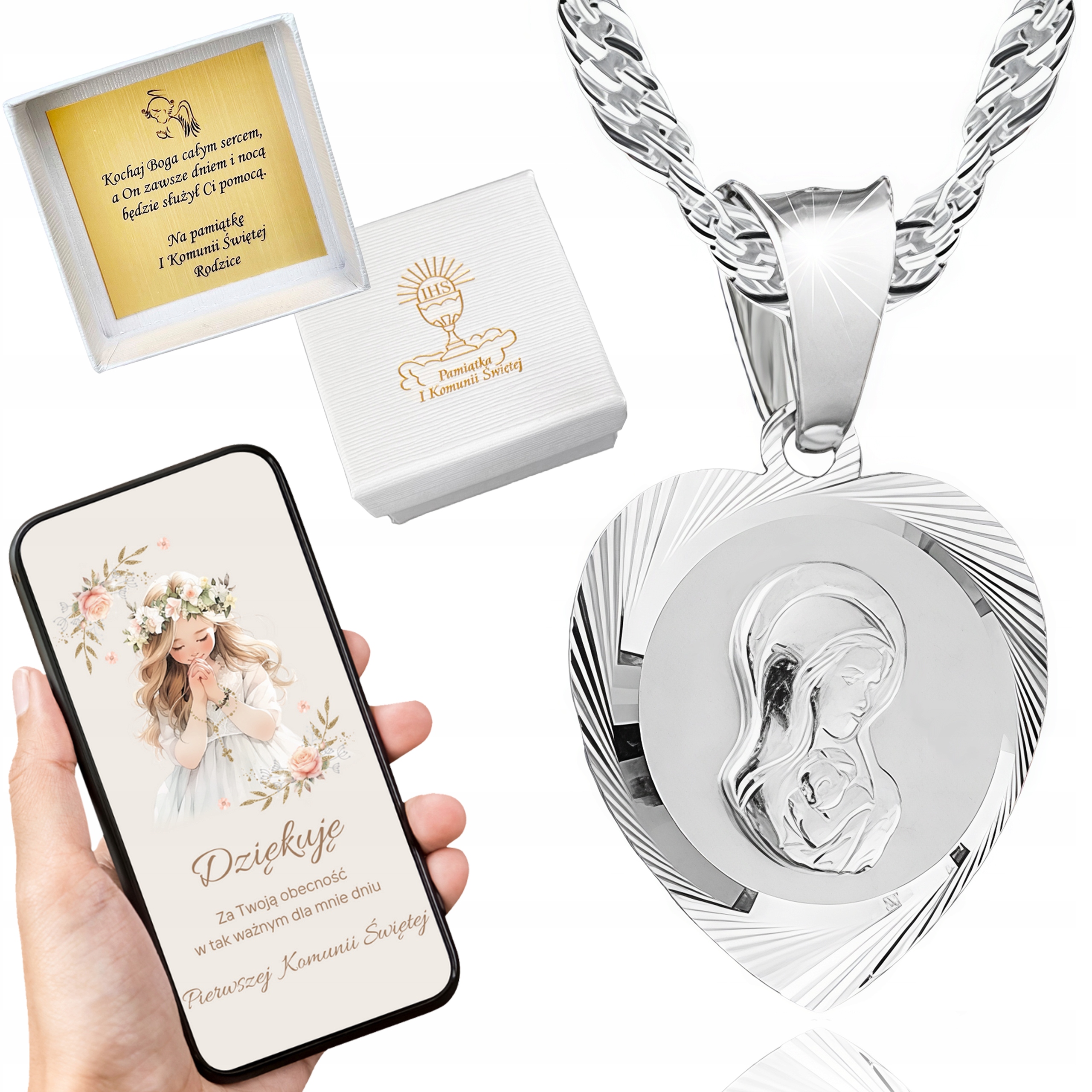SREBRNY ŁAŃCUSZEK Z MEDALIKIEM SERCE MATKA BOSKA KOMUNIA CHRZEST 45 CM