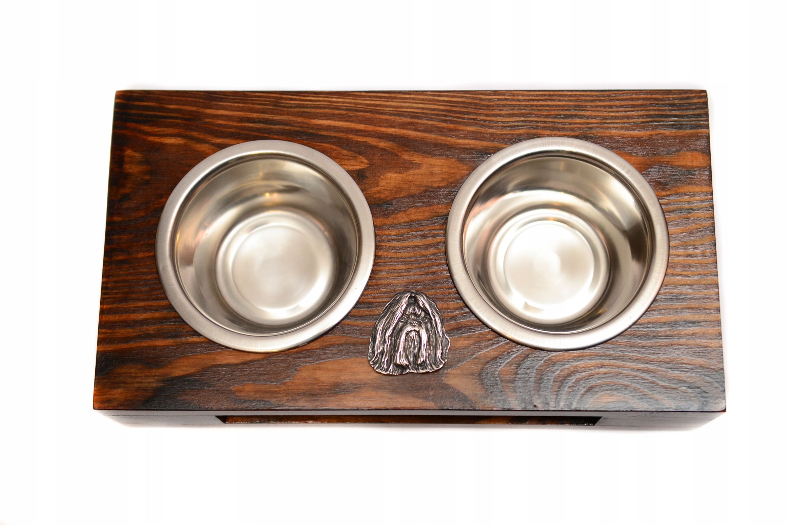 Stojan s miskami pro psa, masivní dřevo, ručně vyráběné ocelové misky Shih Tzu