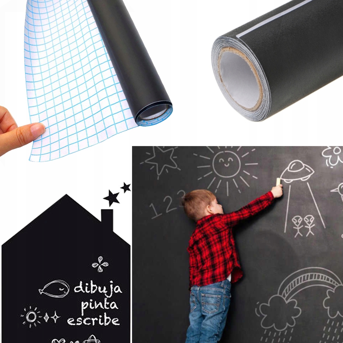 TABLICA KREDOWA SAMOPRZYLEPNA CZARNA DUŻA NA ŚCIANĘ + KREDA 45 x 200 CM Stan opakowania oryginalne