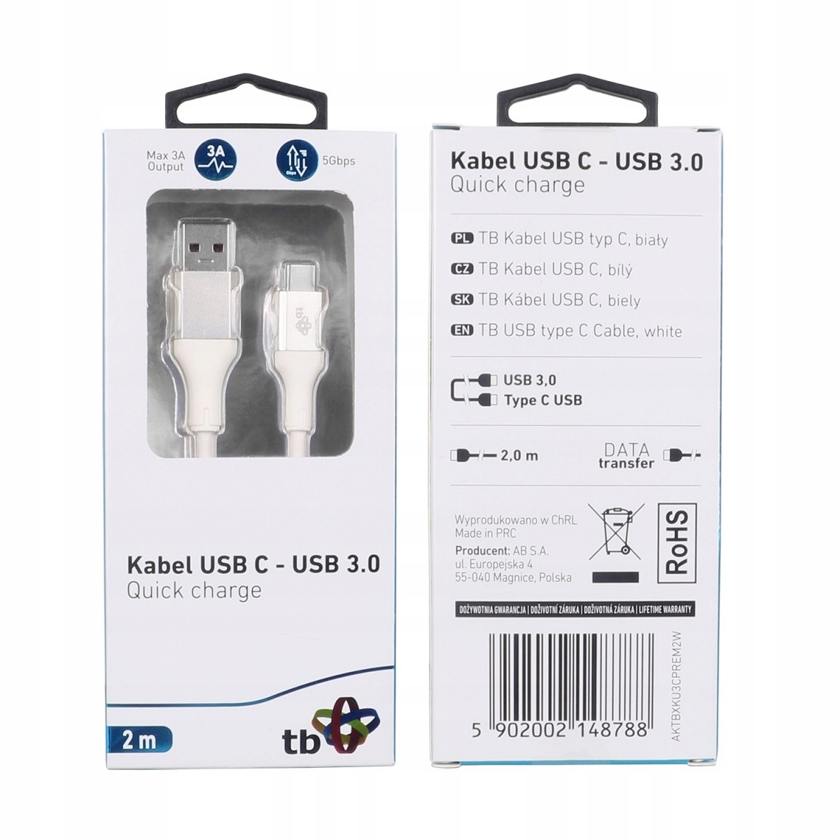 Tb Kabel Usb 3.0 Usb C 2m Premium 3A biały Tpe