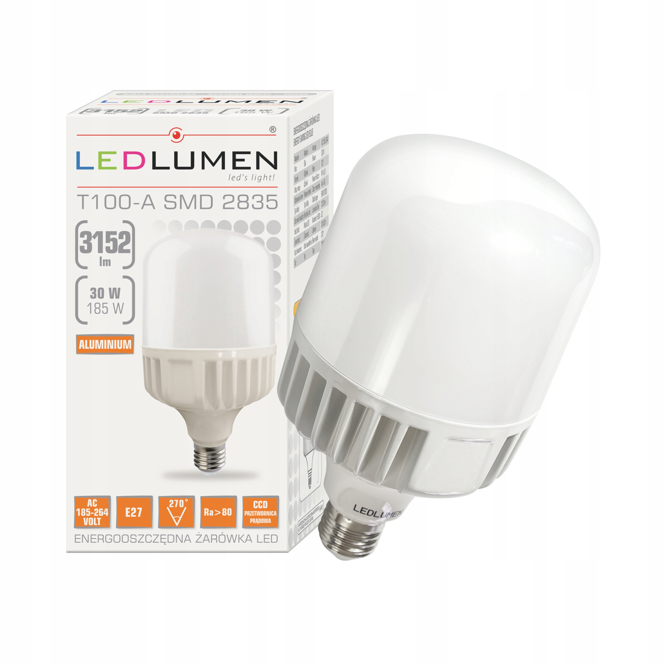 

Żarówka Led E27 T100 30W=185W Smd 3152lm Neutralna