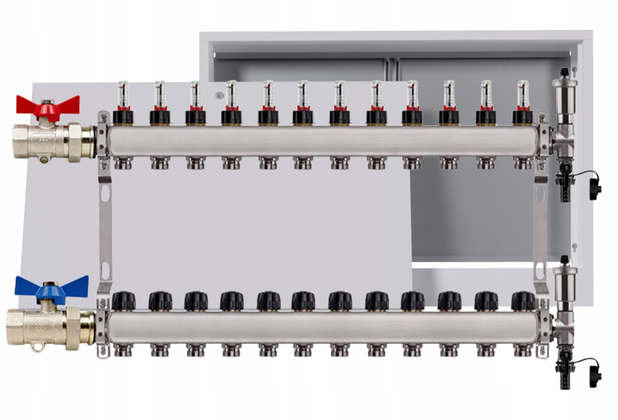 Nerezový rozdělovač pro podlahu 12 okruhů nástěnná skříňka ventily