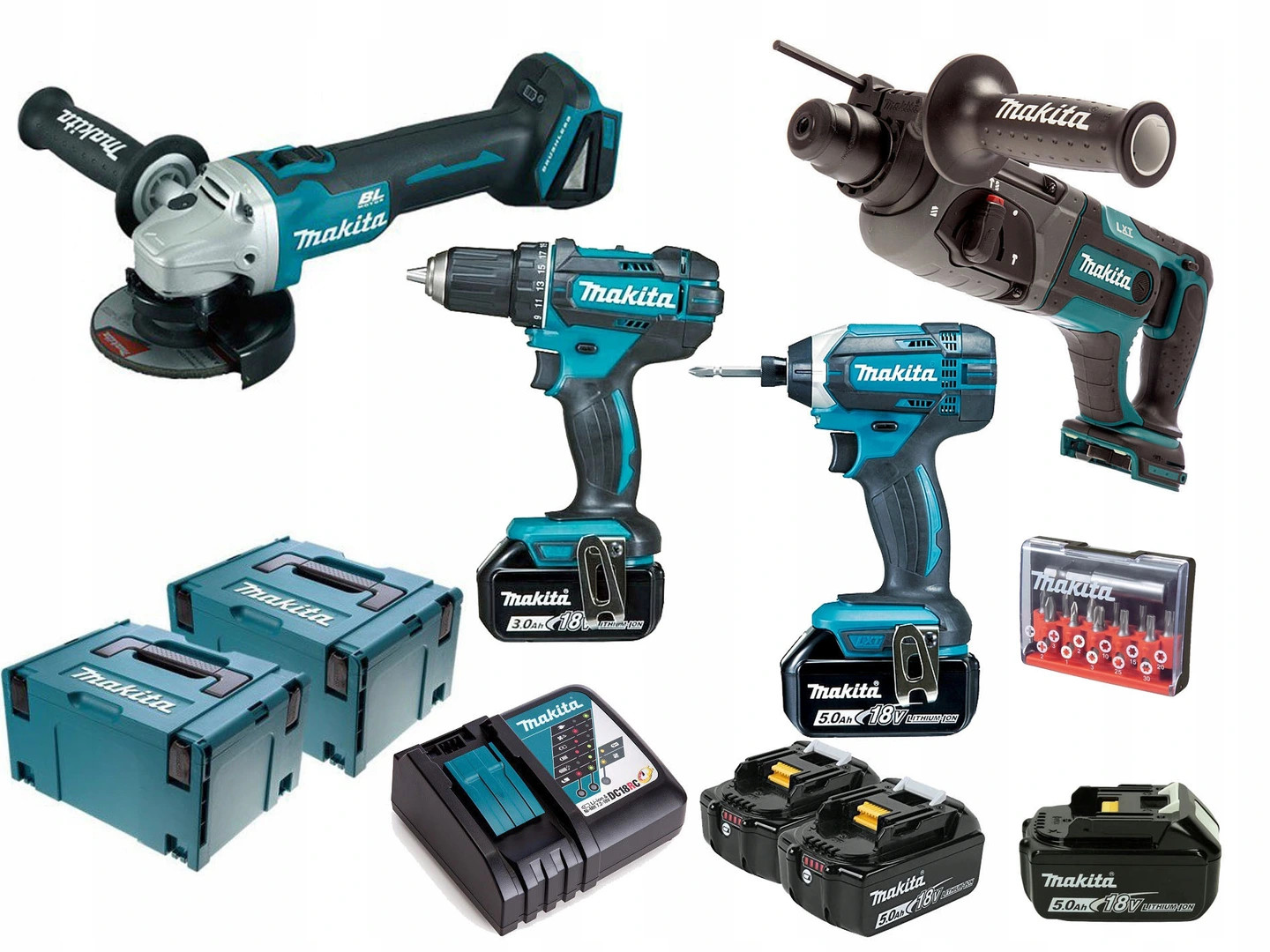 MAKITA ZESTAW COMBO 4 szt. SZLIFIERKA MŁOT 5.0ah (DLX2127TJ 1+ DGA504ZJ