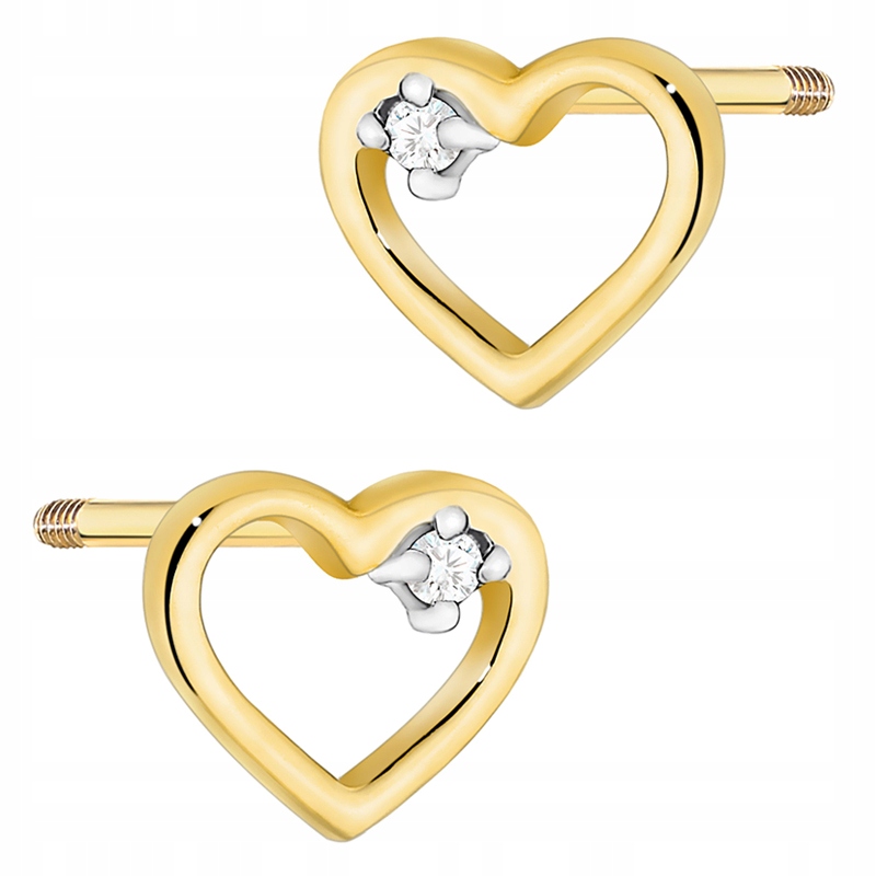 Złote Kolczyki pr. 585 14k Serca z Brylantami 0,01ct Pudełko